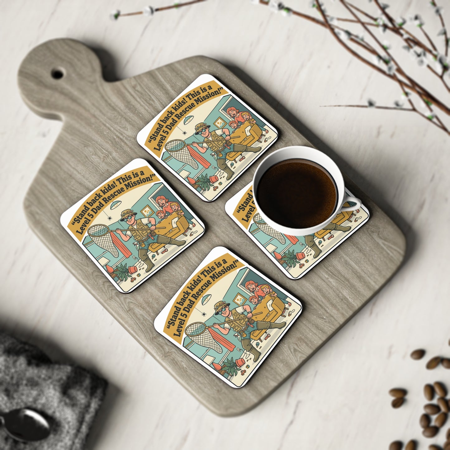 Coaster — "Stand Back Kids! This is a Level 5 Dad Rescue Mission" Funny Dad Cartoon Drink Coaster