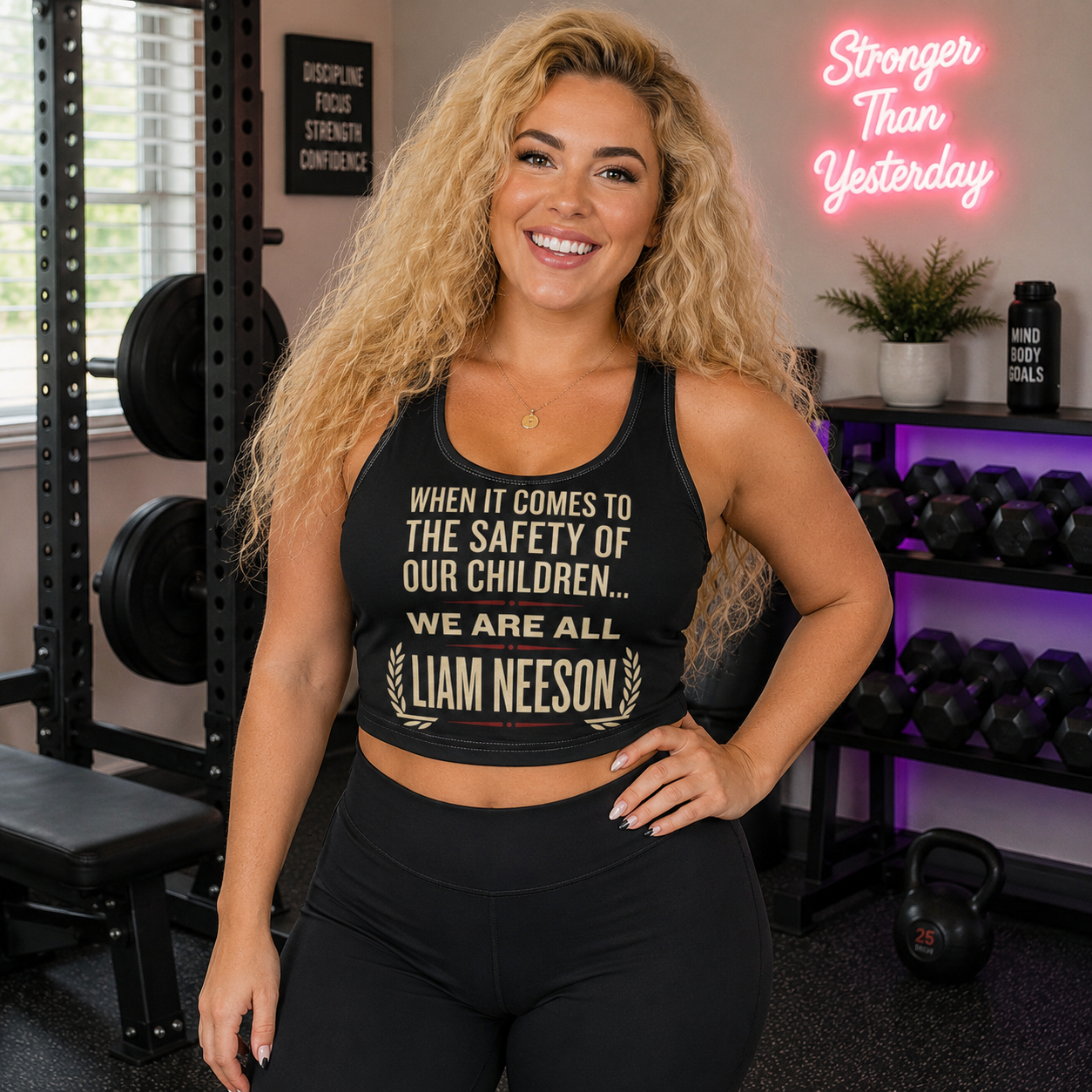 Sports Bra — "When It Comes to the Safety of Our Children... We Are All Liam Neeson" Motivational Fitness Top