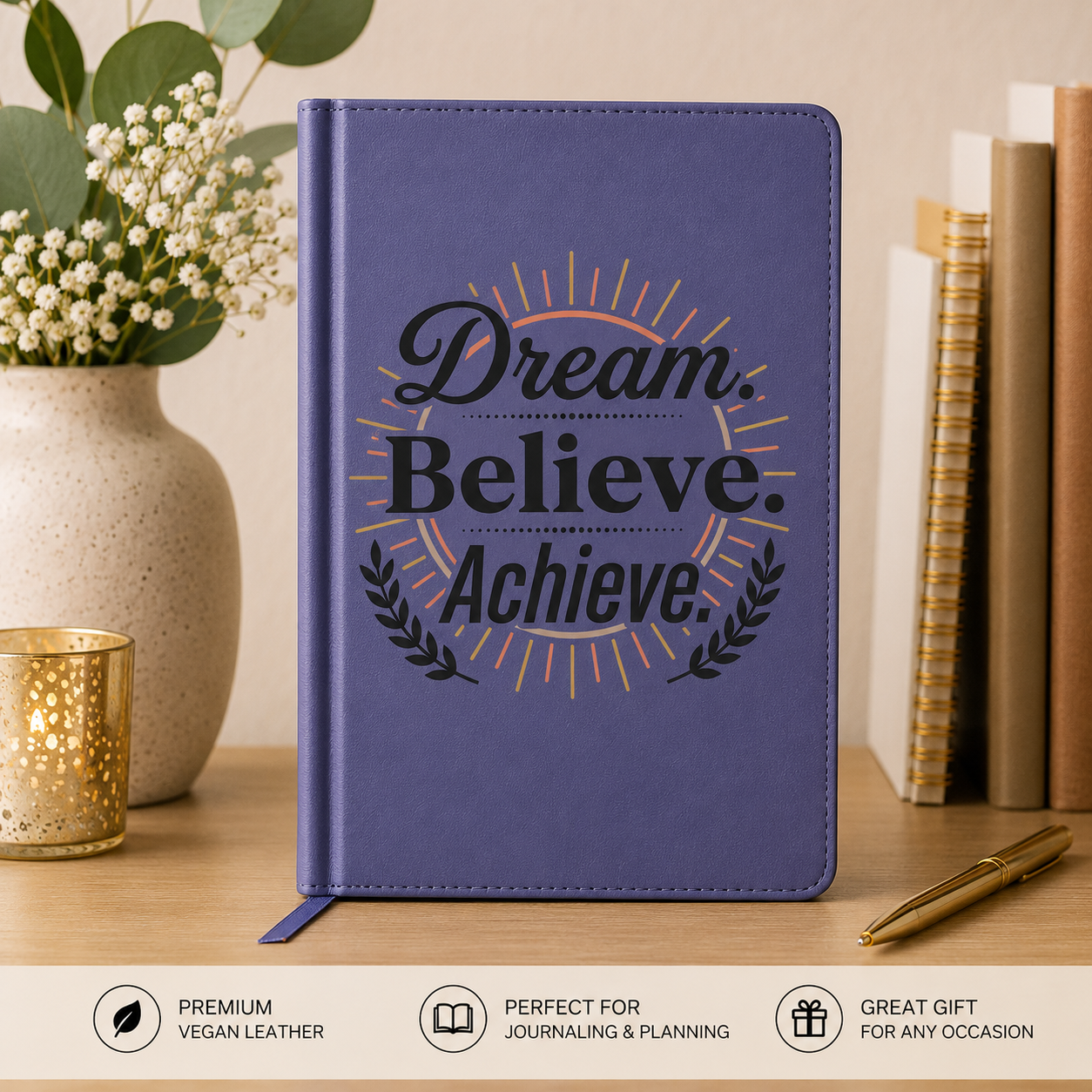 Dream. Believe. Achieve. Vegan Leather Journal – Engraved Motivational Notebook
