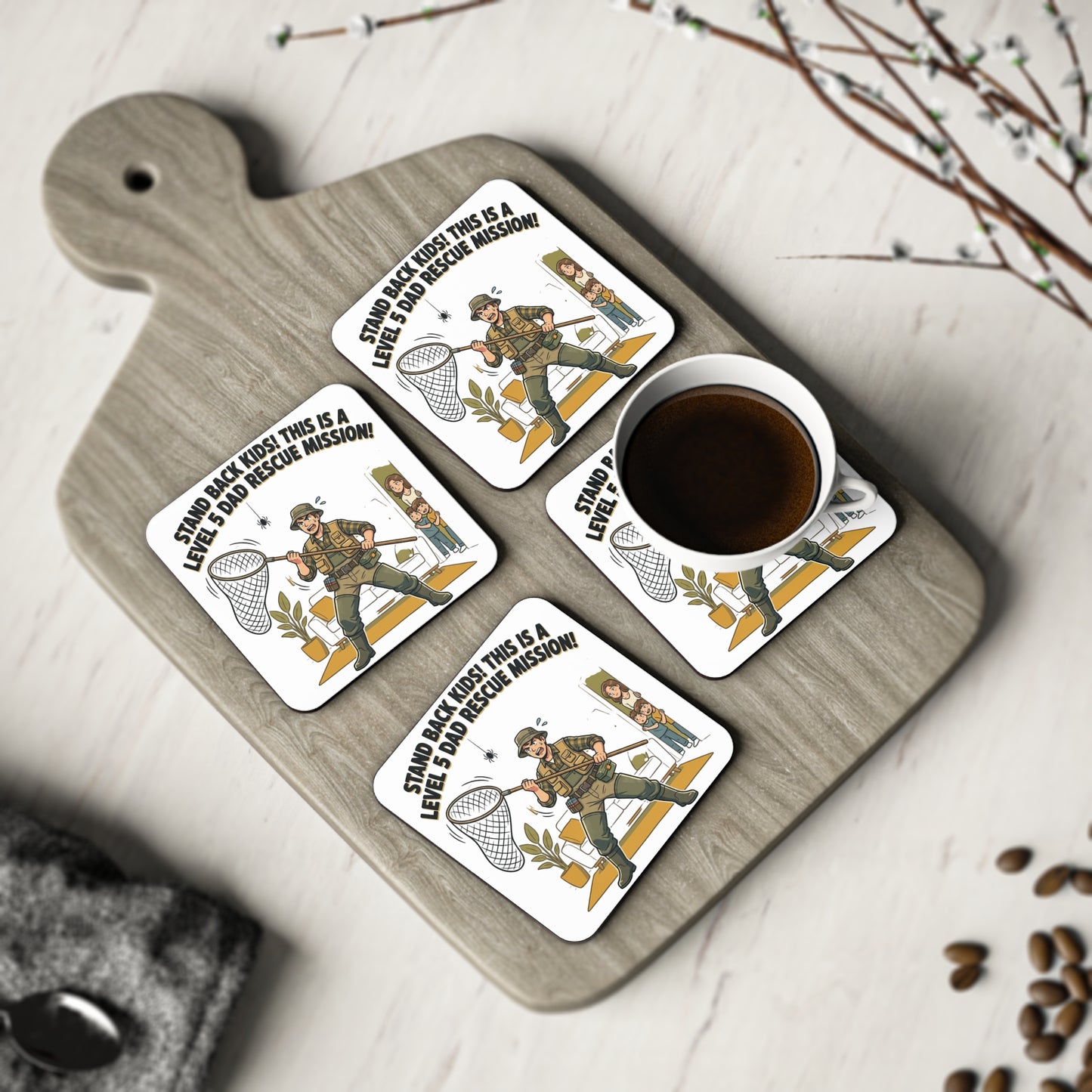 Coaster — "Stand Back Kids! This is a Level 5 Dad Rescue Mission" Funny Dad Cartoon Drink Coaster