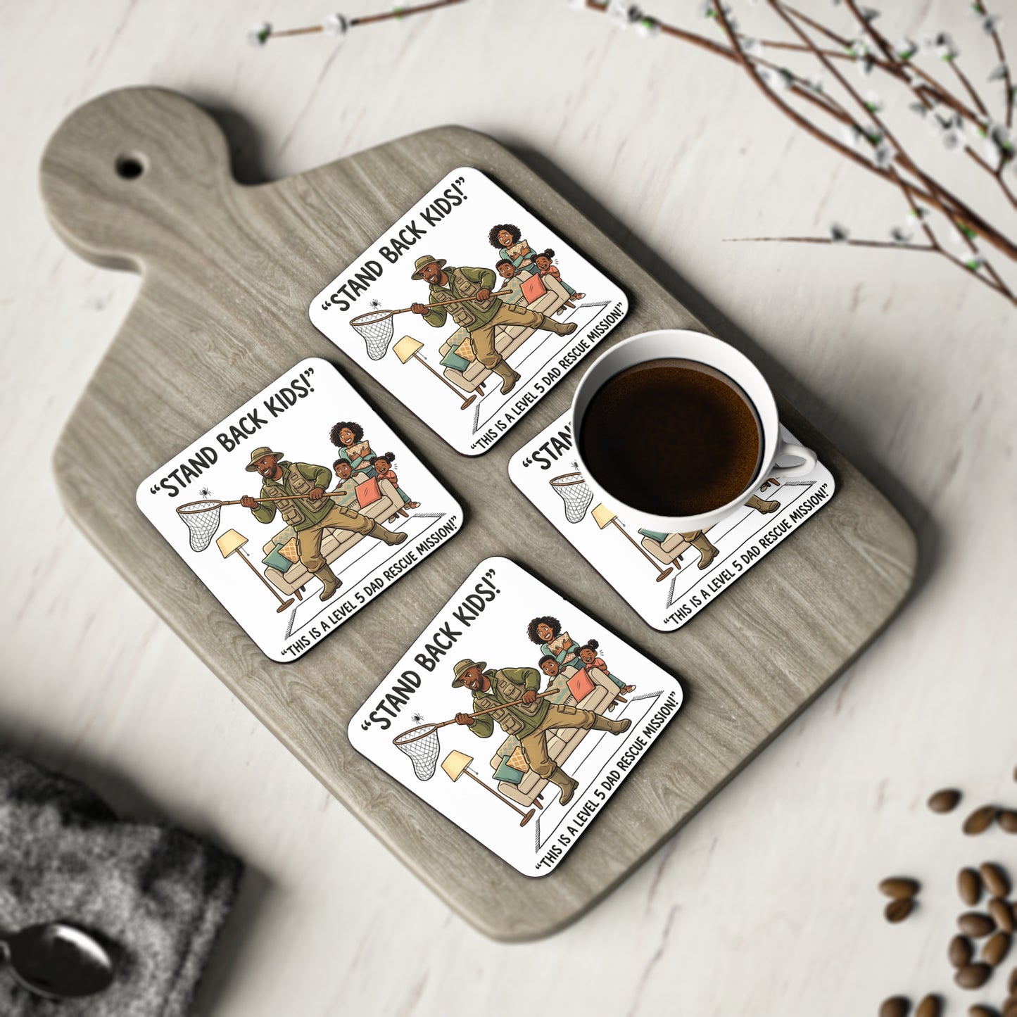 Coaster — "Stand Back Kids! This is a Level 5 Dad Rescue Mission" Funny Dad Cartoon Drink Coaster