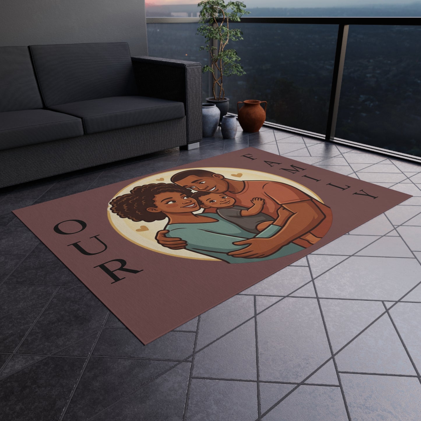 Personalized Family In/Outdoor Rug - 'Our Family' Illustrated Portrait Doormat