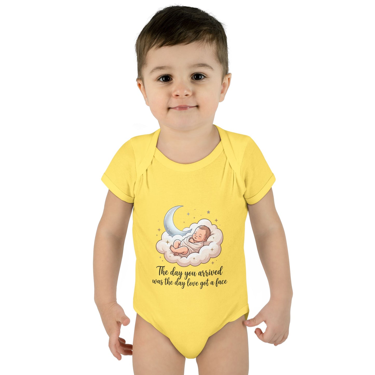 Infant Bodysuit — "The day you arrived was the day love got a face" Cute Sleeping Baby Moon Design