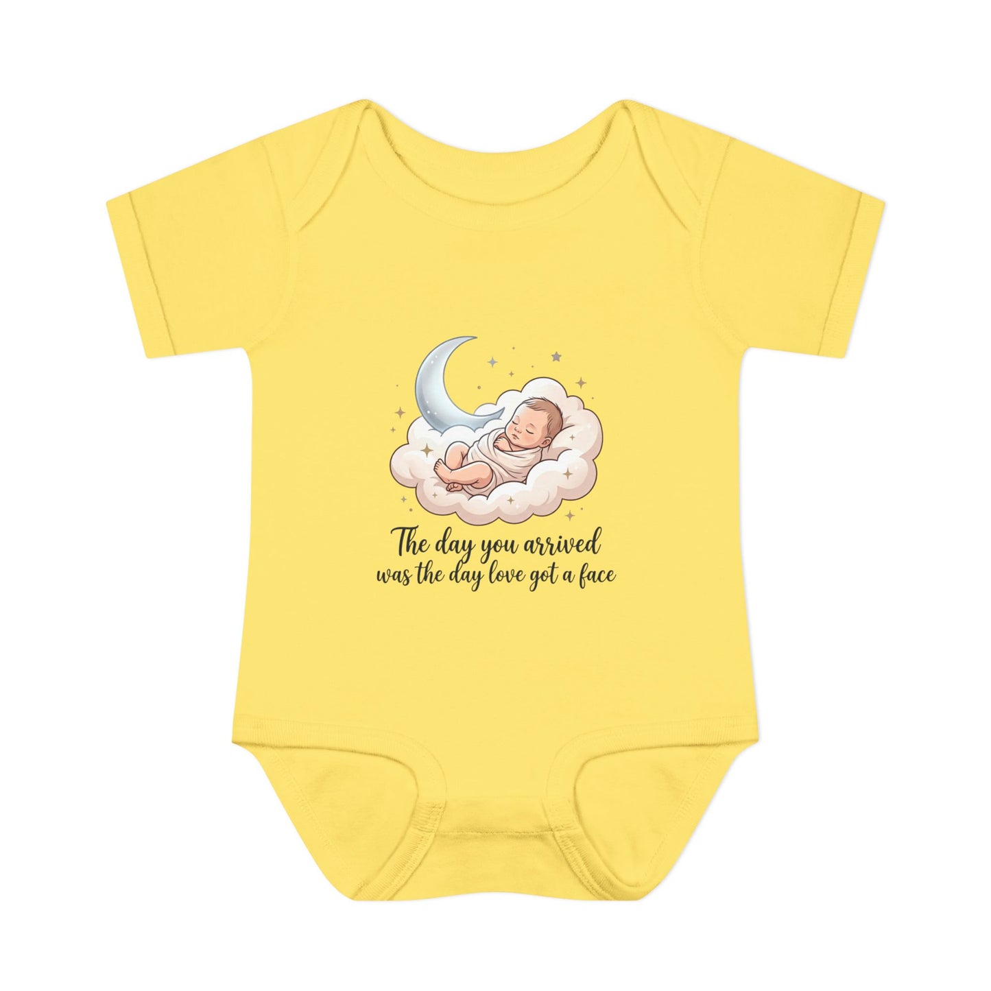 Infant Bodysuit — "The day you arrived was the day love got a face" Cute Sleeping Baby Moon Design