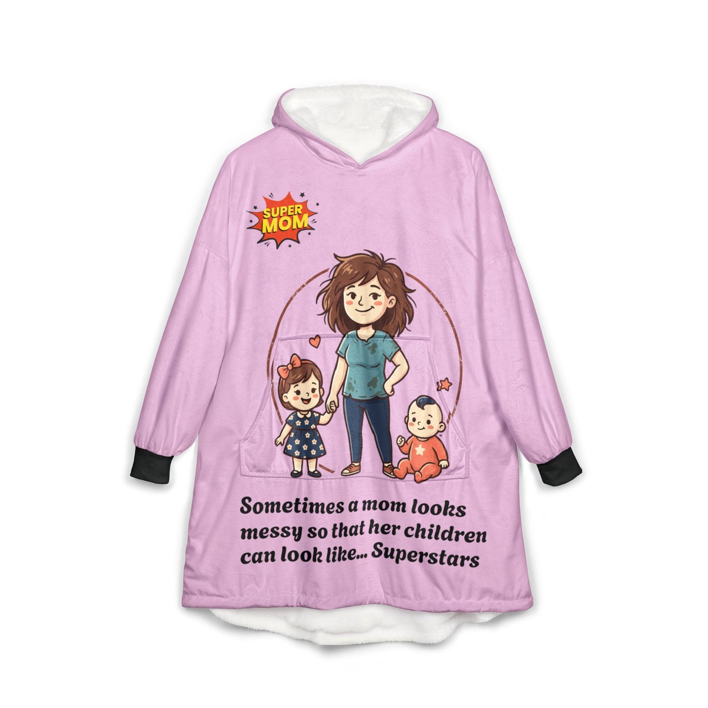 Messy Mom Illustration Hooded Blanket | Mom and Kids Cartoon Quote
