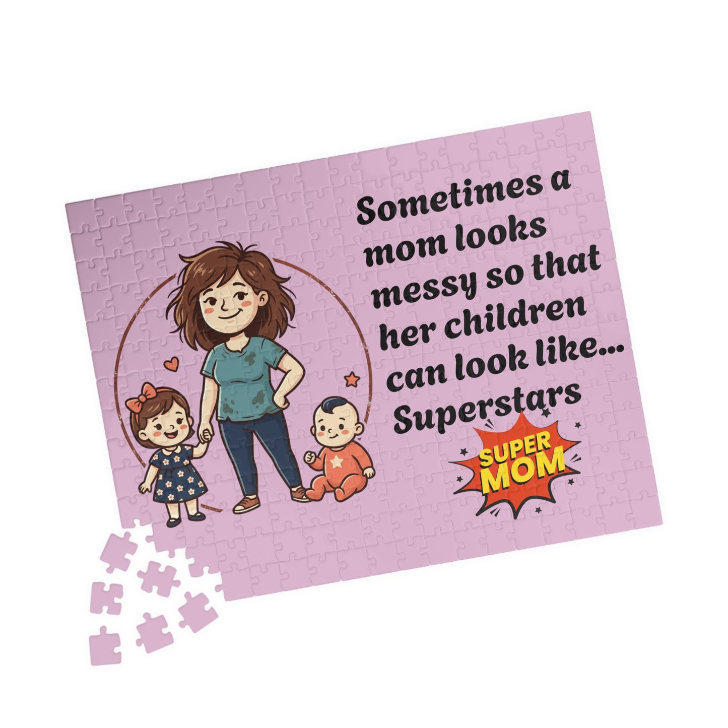 Super Mom and kids puzzle, Mom messy so kids look like superstars 110-1014pc