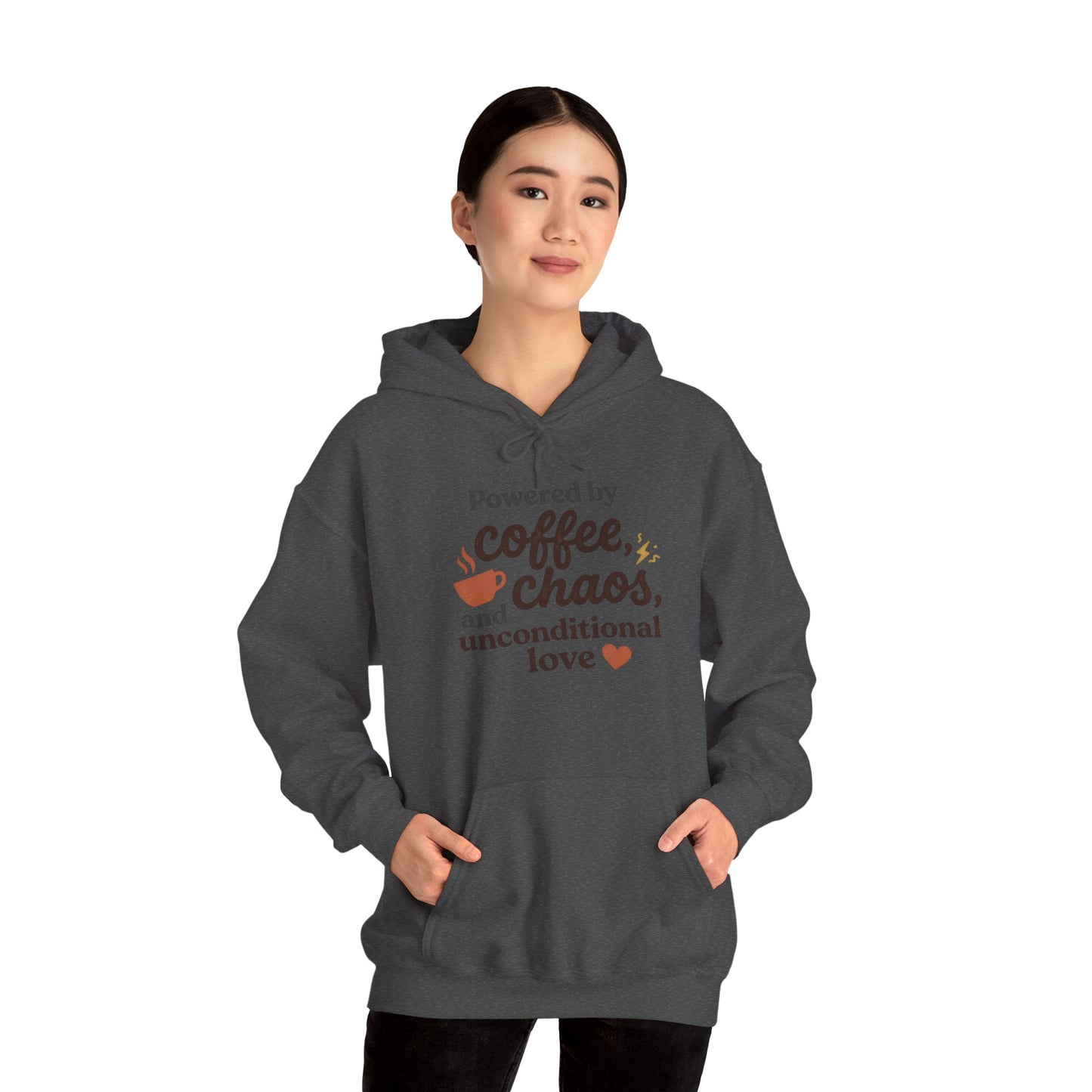 Hoodie — "Powered by Coffee, Chaos, and Unconditional Love" Cozy Graphic Pullover