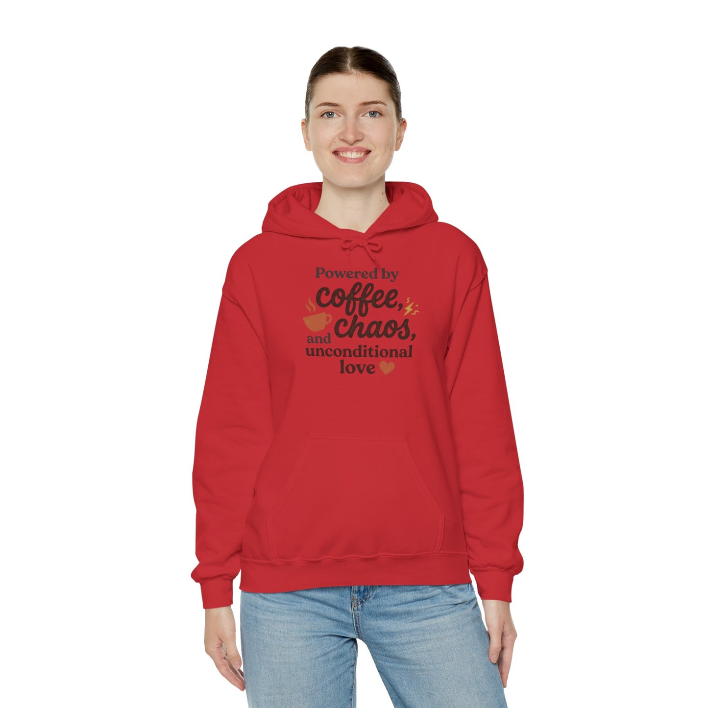 Hoodie — "Powered by Coffee, Chaos, and Unconditional Love" Cozy Graphic Pullover