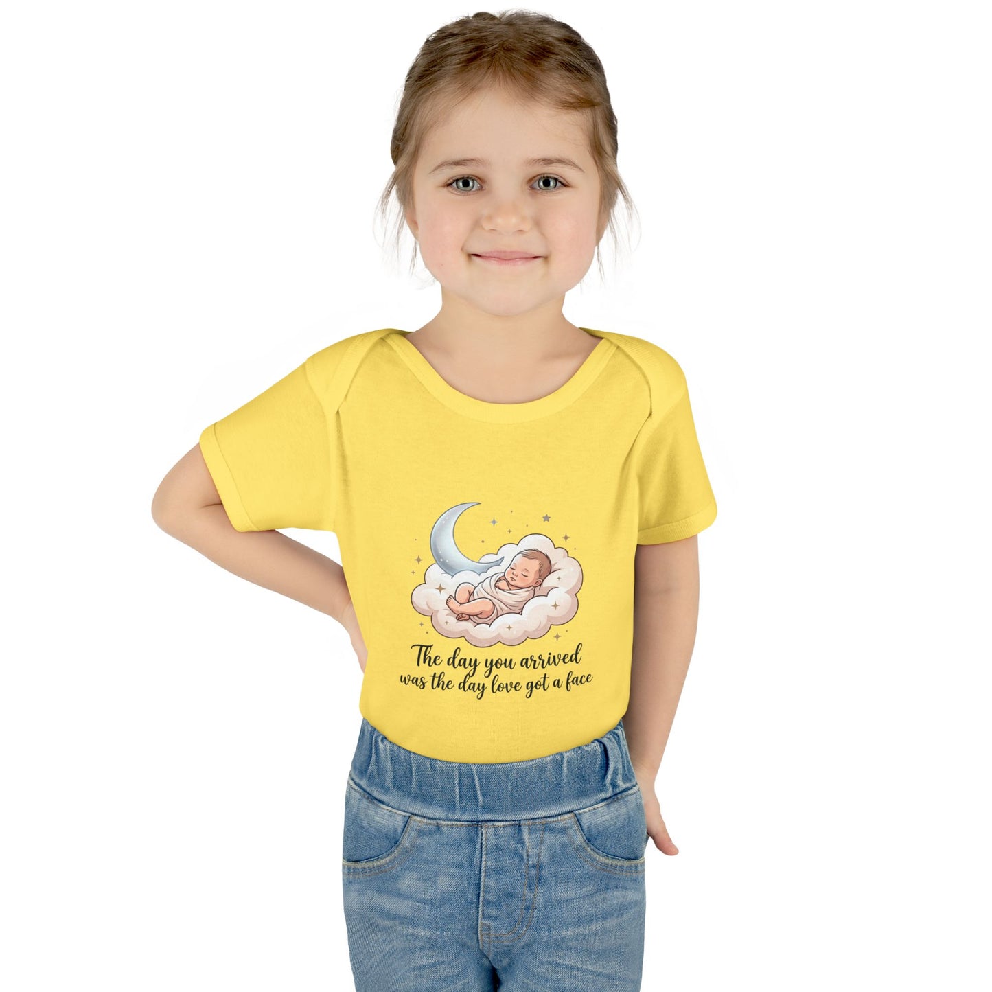 Infant Bodysuit — "The day you arrived was the day love got a face" Cute Sleeping Baby Moon Design