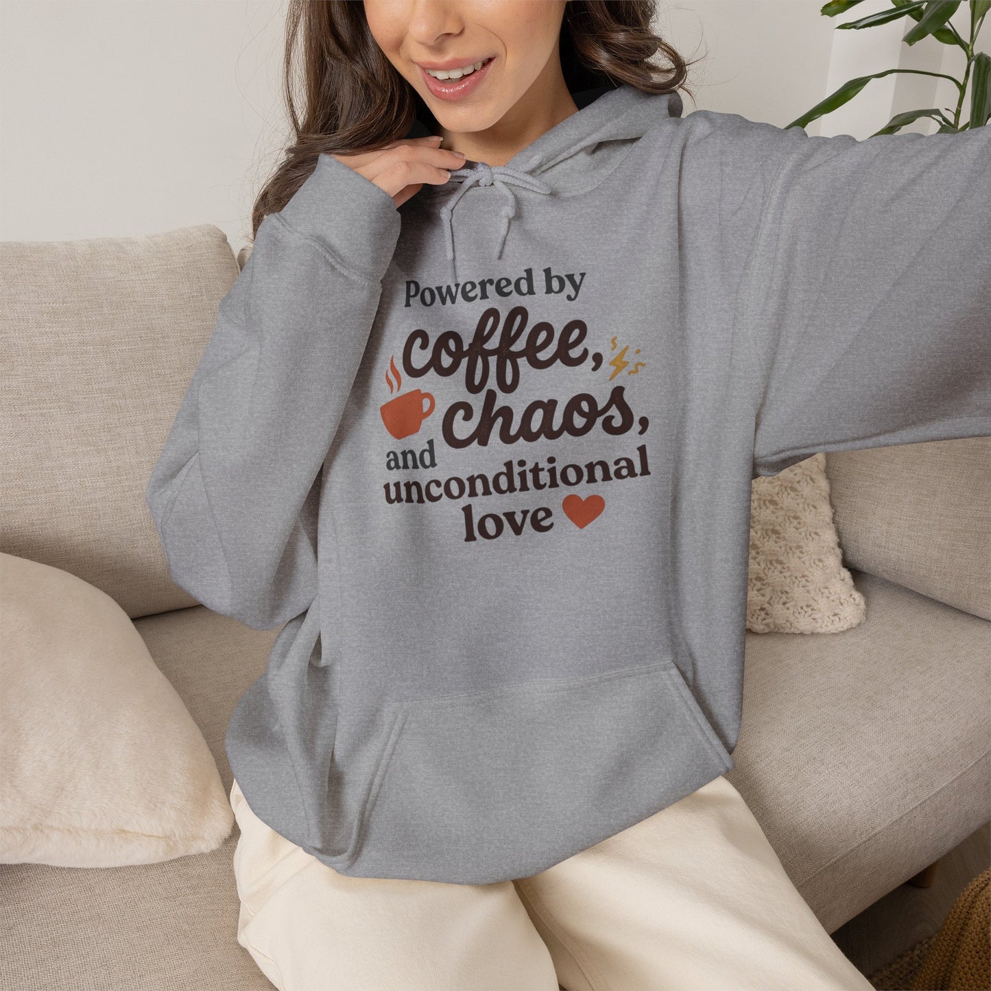 Hoodie — "Powered by Coffee, Chaos, and Unconditional Love" Cozy Graphic Pullover