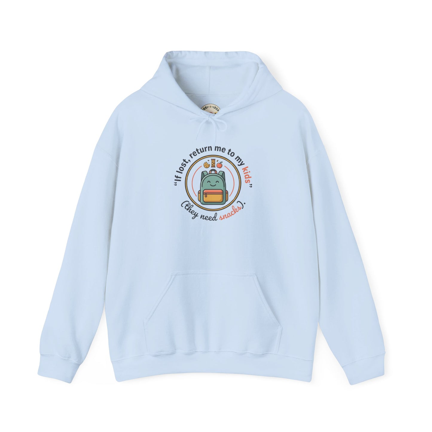 Hoodie — "If Lost, Return Me to My Kids (They need snacks)" Cute Kawaii Backpack Graphic