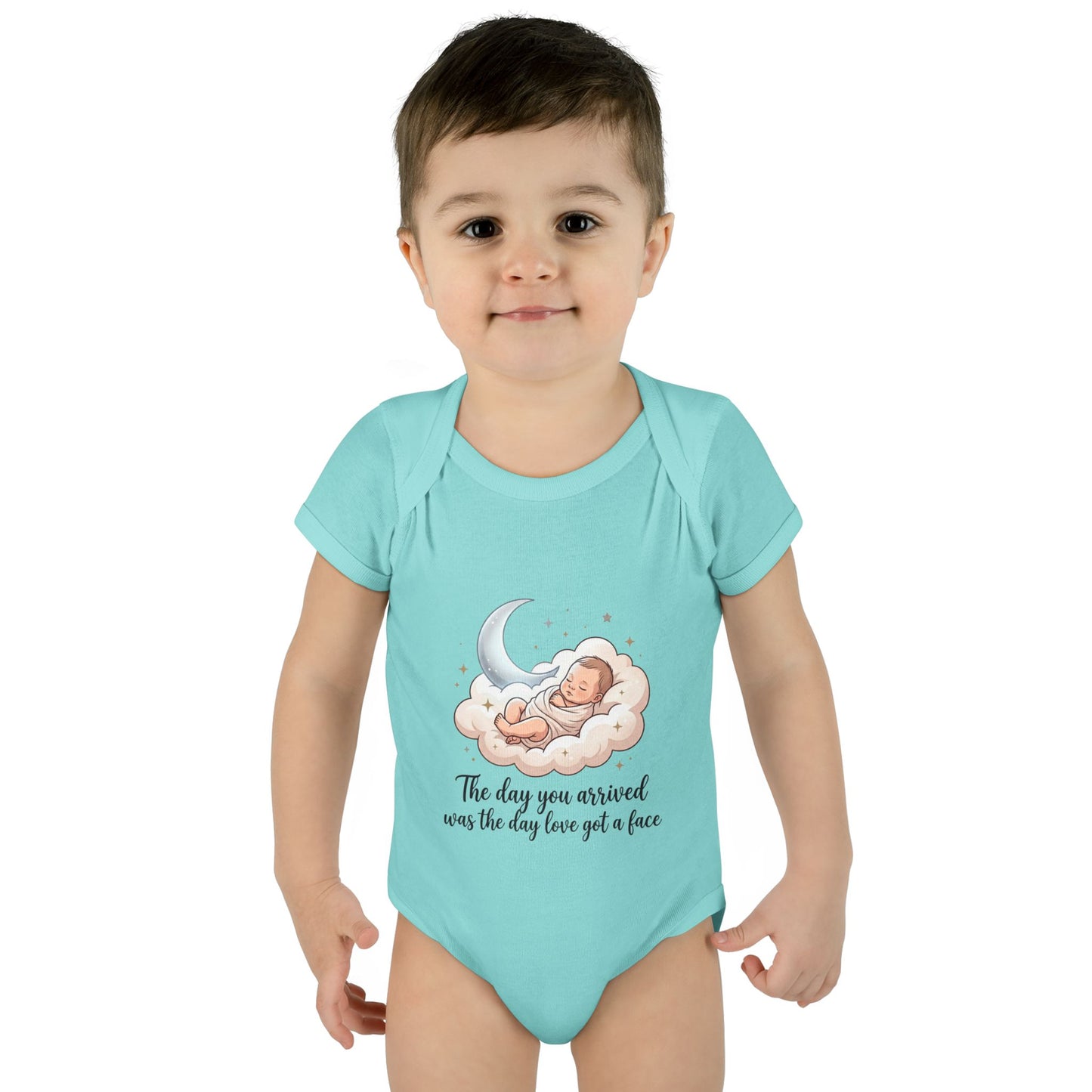 Infant Bodysuit — "The day you arrived was the day love got a face" Cute Sleeping Baby Moon Design