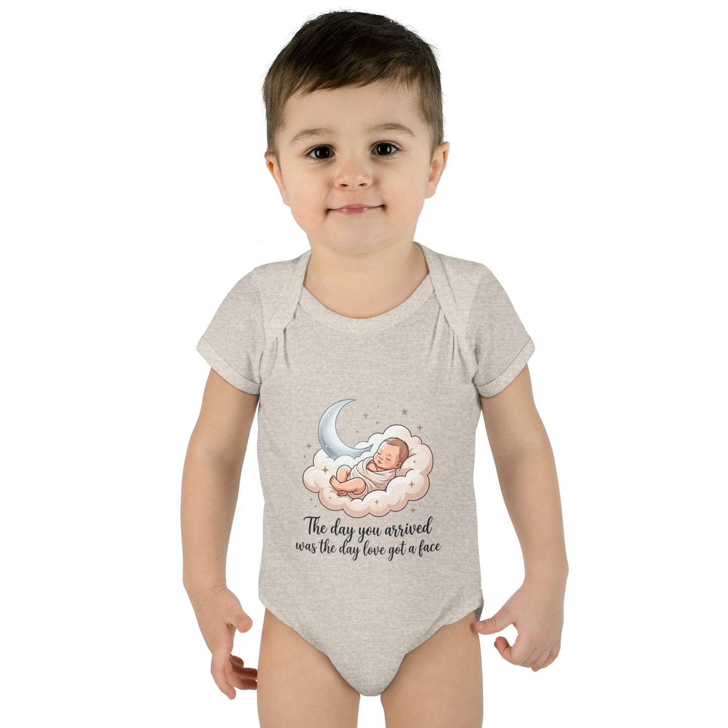 Infant Bodysuit — "The day you arrived was the day love got a face" Cute Sleeping Baby Moon Design
