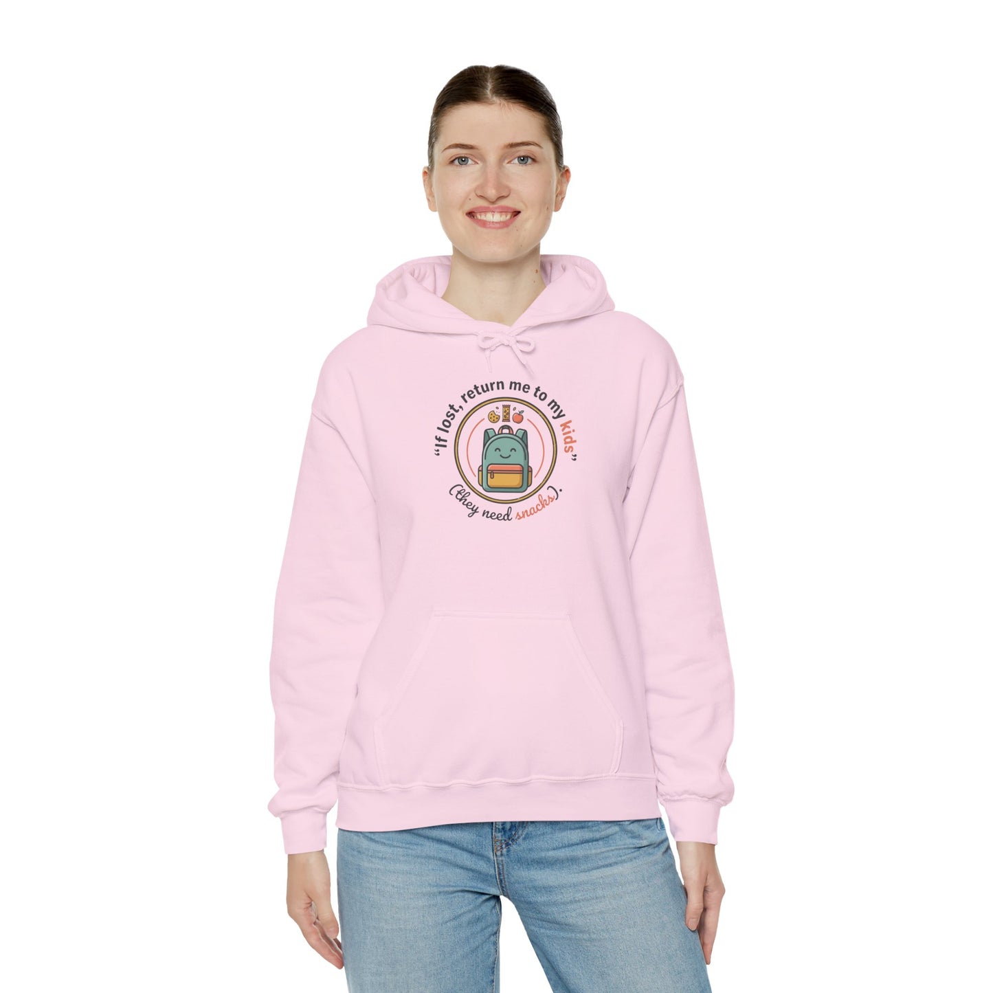 Hoodie — "If Lost, Return Me to My Kids (They need snacks)" Cute Kawaii Backpack Graphic