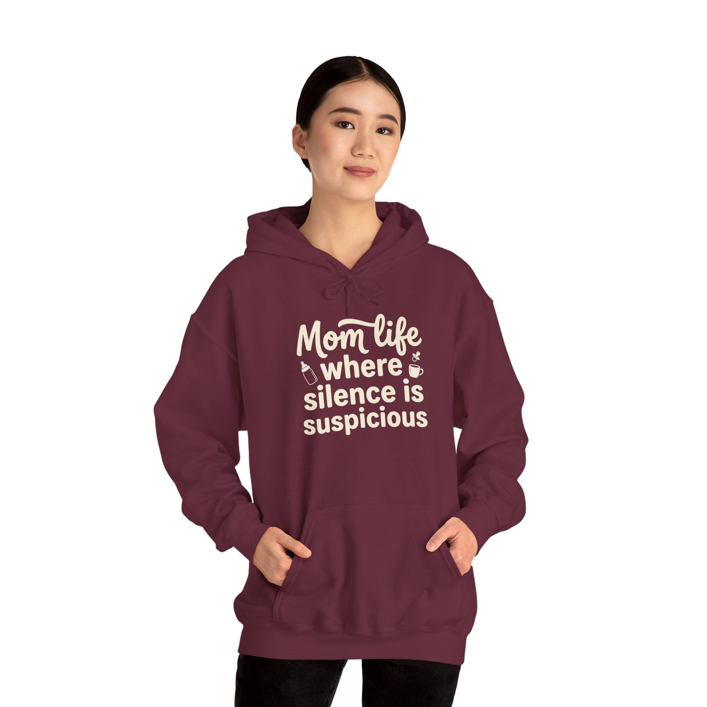 Mom Life Hoodie - "Mom Life: Where Silence Is Suspicious" Cozy Pullover for Moms, Funny Mother's Day Gift