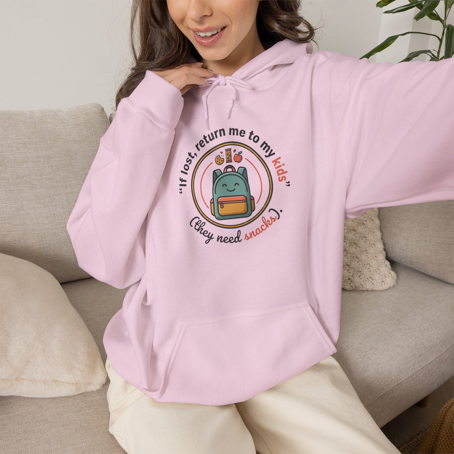 Hoodie — "If Lost, Return Me to My Kids (They need snacks)" Cute Kawaii Backpack Graphic