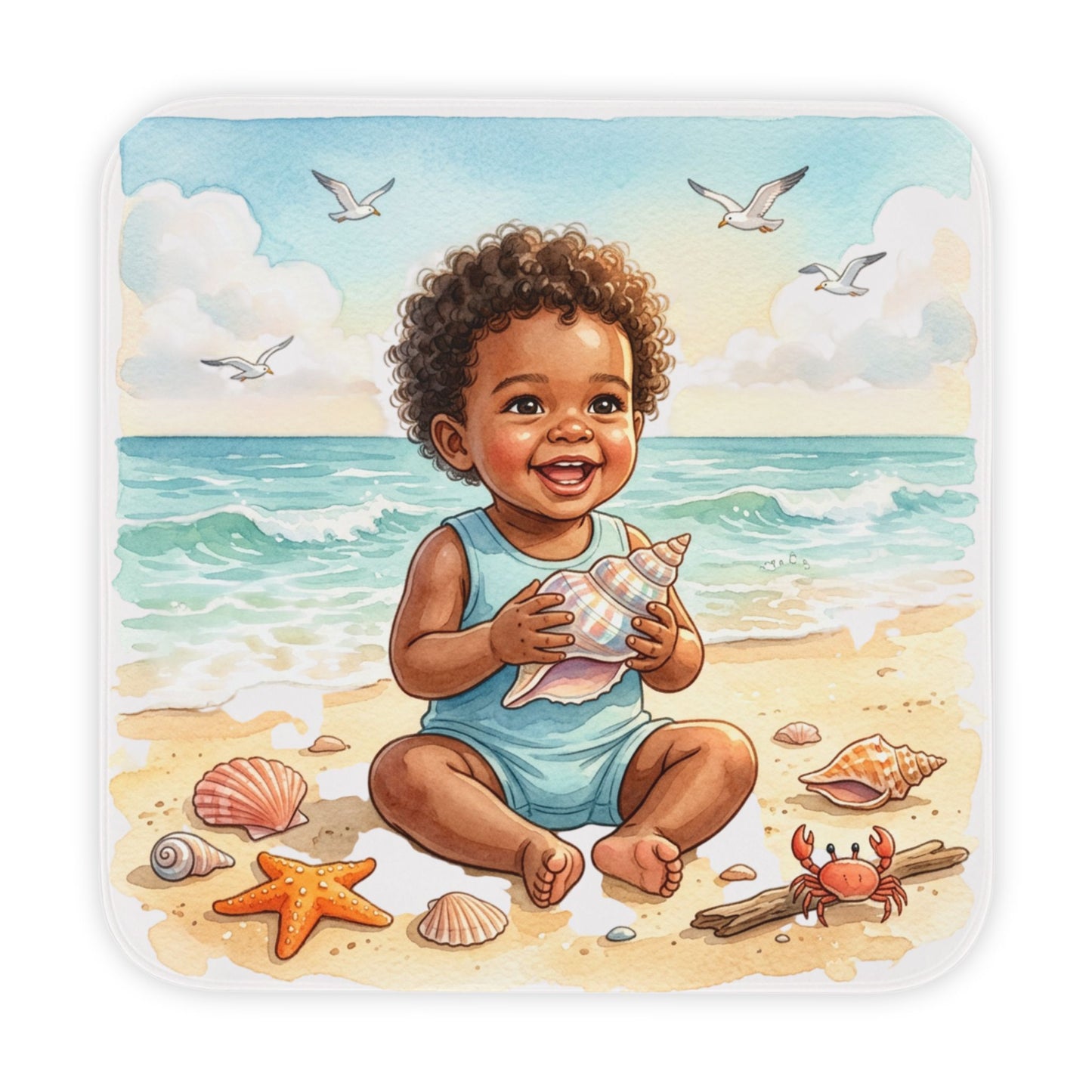 Baby Hooded Towel - Cute Beach Baby with Seashells & Crab (Soft Hooded Bath Wrap)