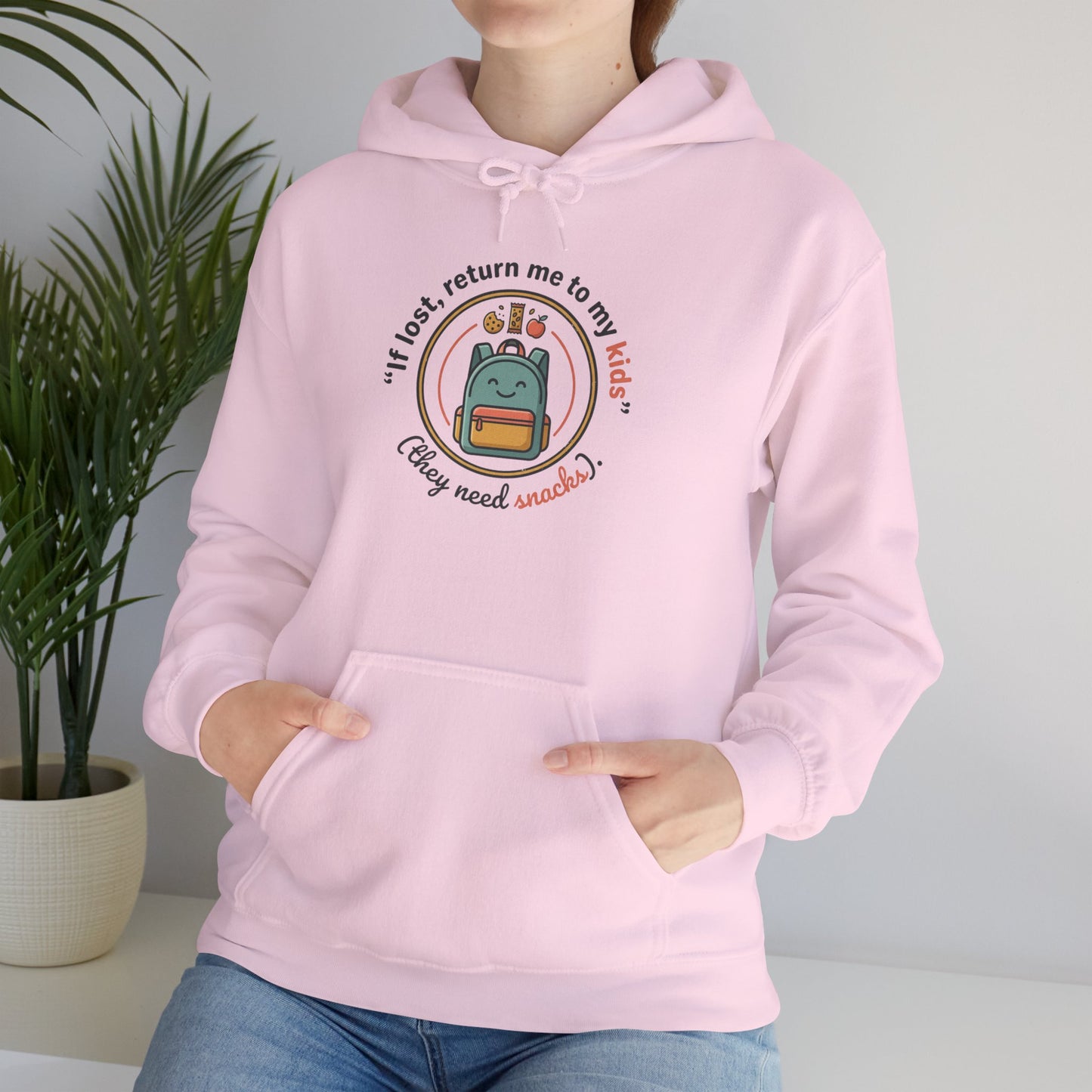 Hoodie — "If Lost, Return Me to My Kids (They need snacks)" Cute Kawaii Backpack Graphic
