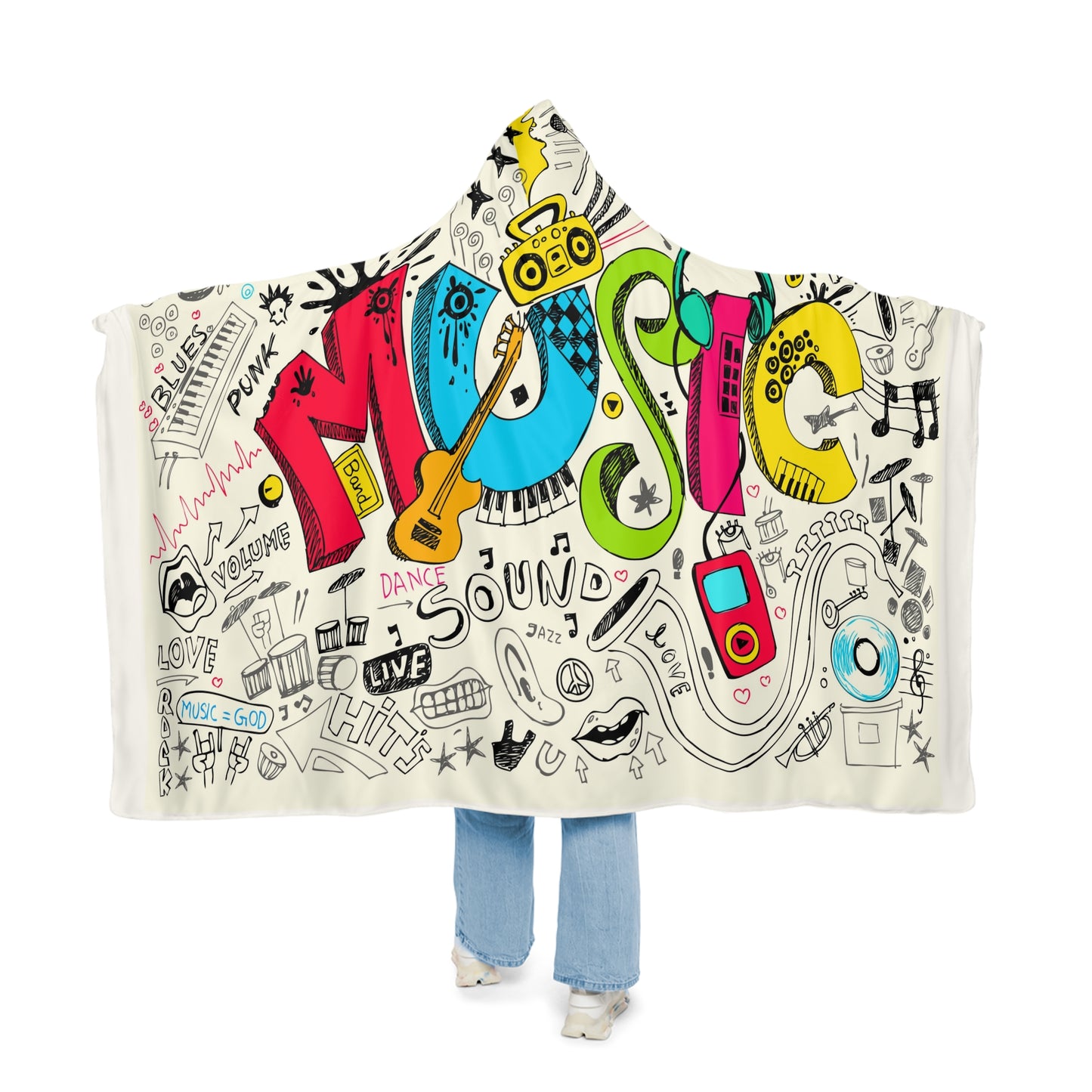 Music Doodle Hooded Blanket – Colorful Snuggle Throw for Music Lovers