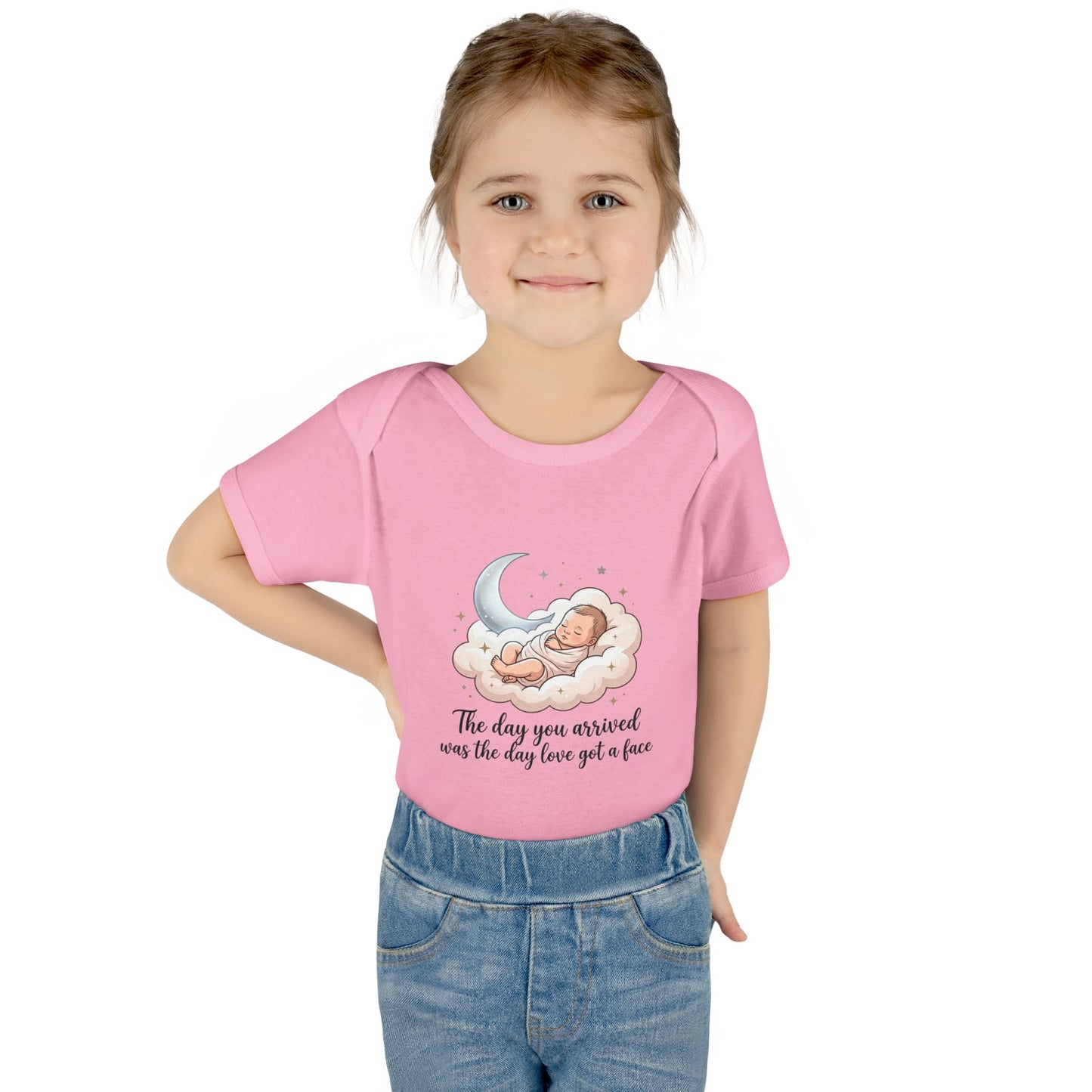 Infant Bodysuit — "The day you arrived was the day love got a face" Cute Sleeping Baby Moon Design