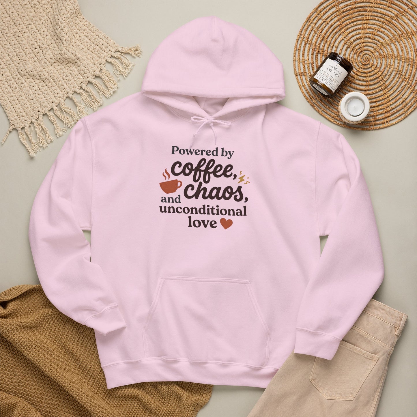 Hoodie — "Powered by Coffee, Chaos, and Unconditional Love" Cozy Graphic Pullover