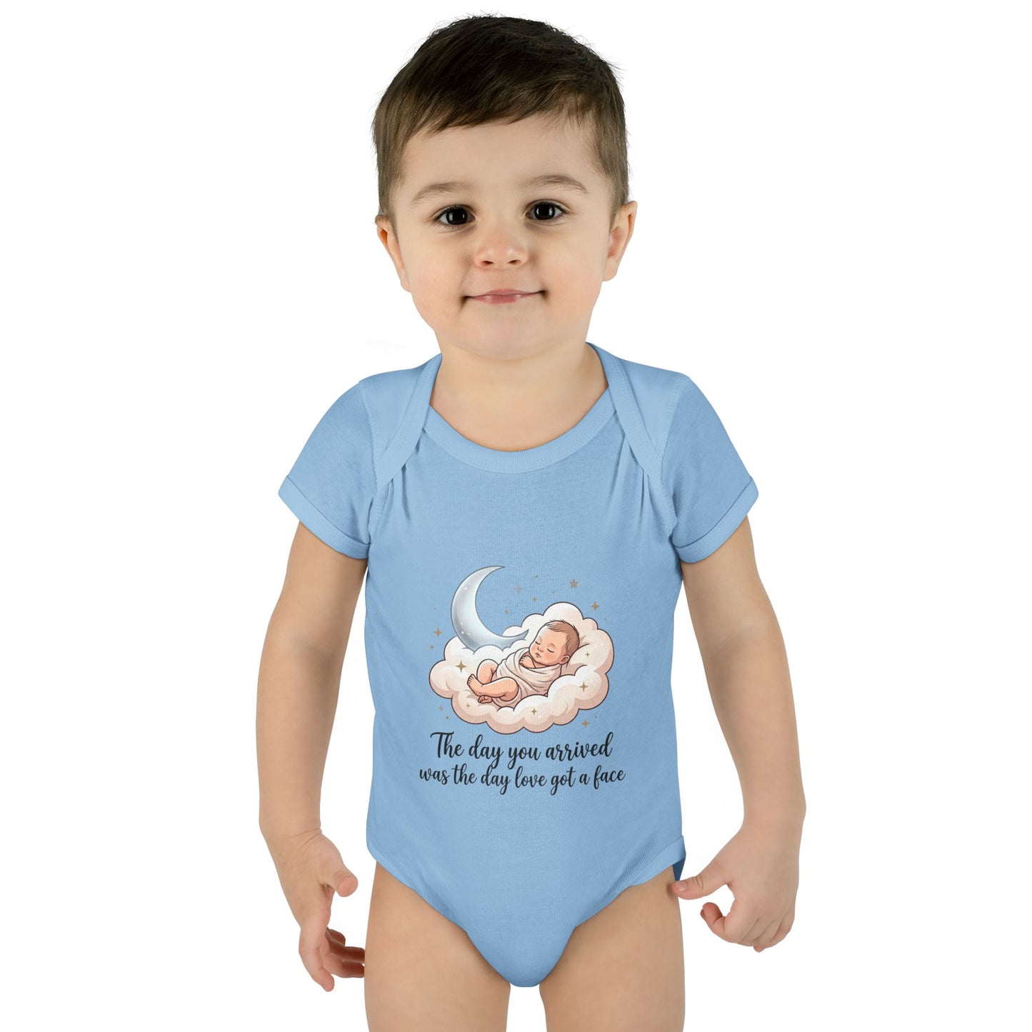 Infant Bodysuit — "The day you arrived was the day love got a face" Cute Sleeping Baby Moon Design