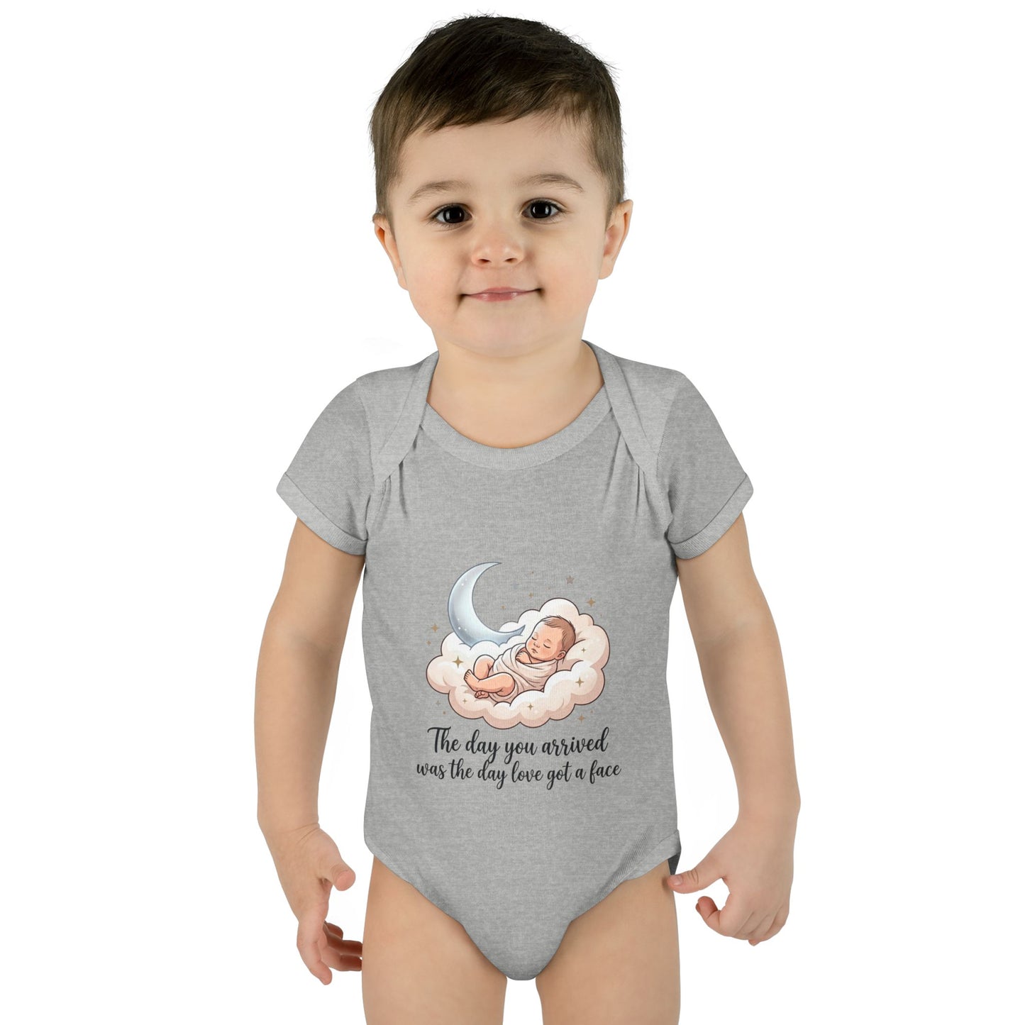 Infant Bodysuit — "The day you arrived was the day love got a face" Cute Sleeping Baby Moon Design