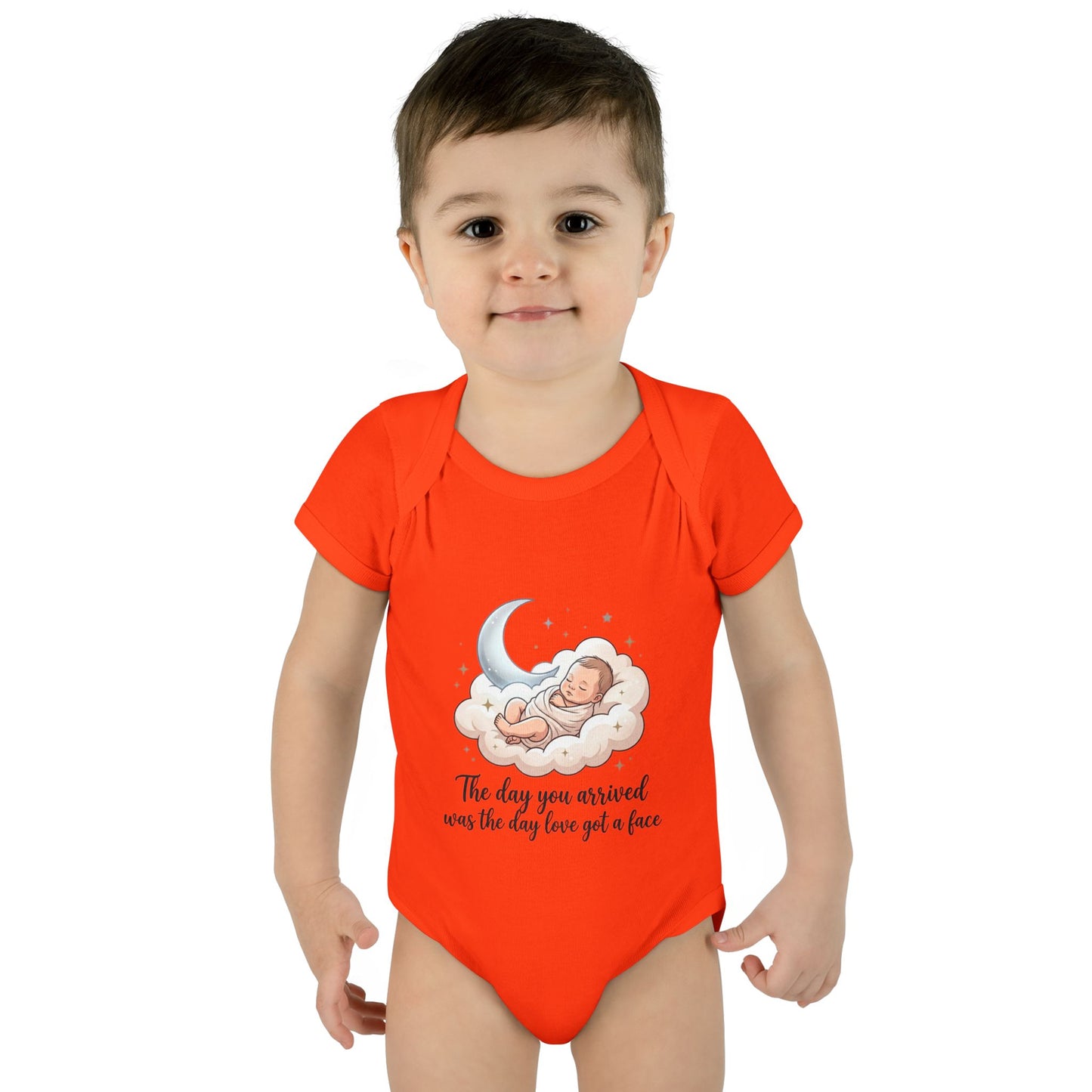 Infant Bodysuit — "The day you arrived was the day love got a face" Cute Sleeping Baby Moon Design