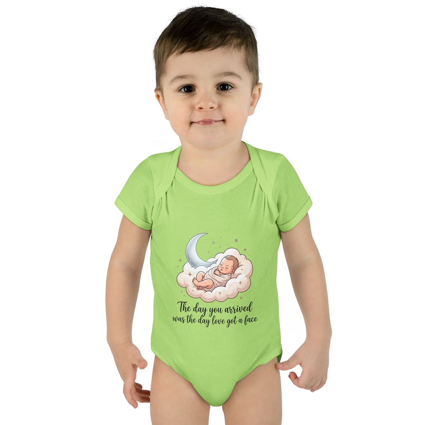 Infant Bodysuit — "The day you arrived was the day love got a face" Cute Sleeping Baby Moon Design