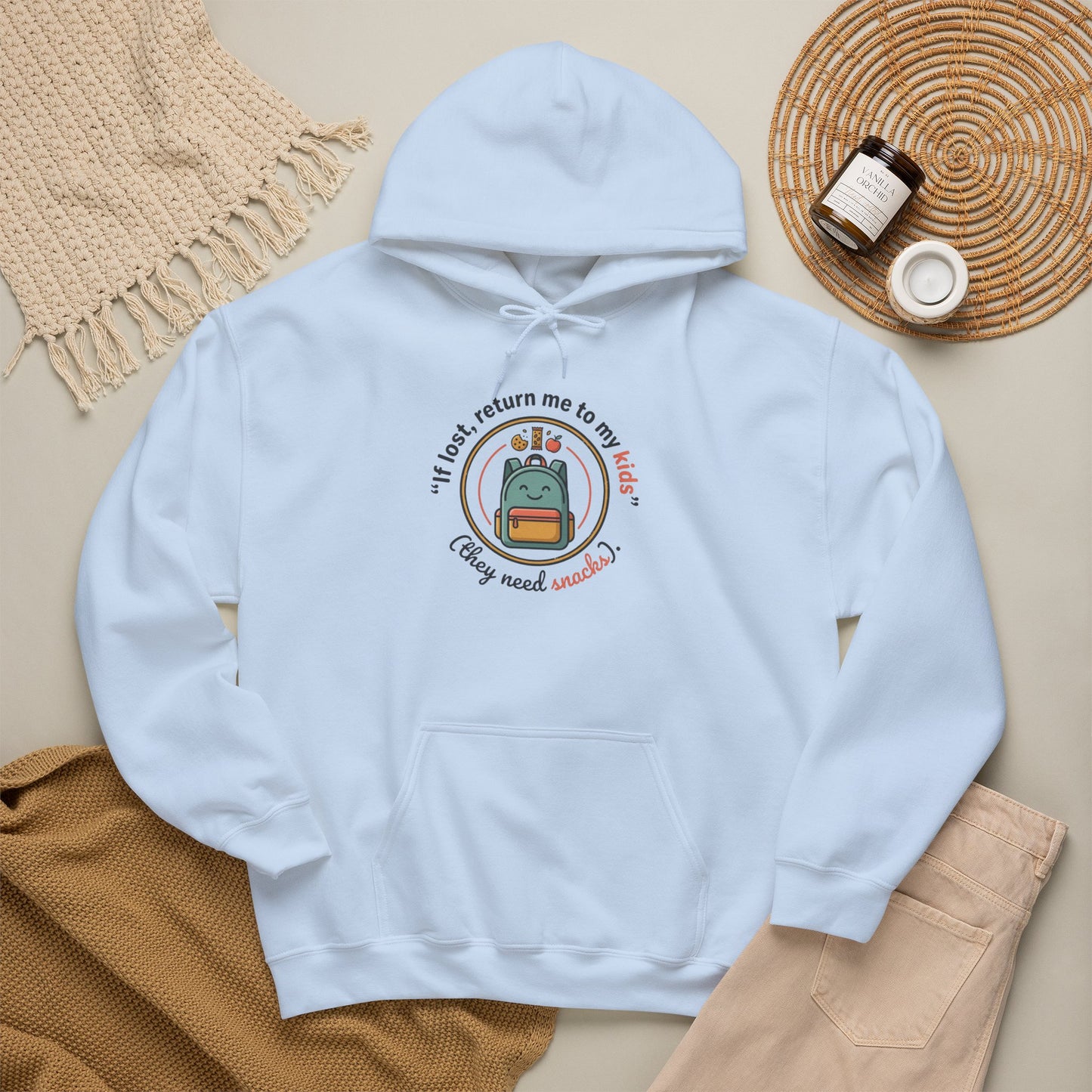 Hoodie — "If Lost, Return Me to My Kids (They need snacks)" Cute Kawaii Backpack Graphic