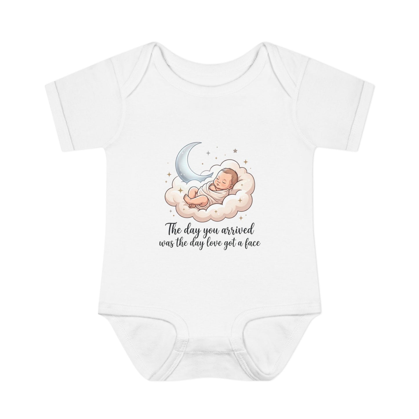 Infant Bodysuit — "The day you arrived was the day love got a face" Cute Sleeping Baby Moon Design