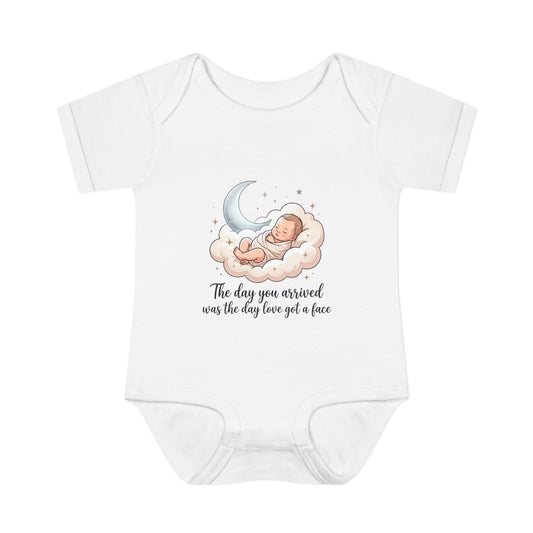 Infant Bodysuit — "The day you arrived was the day love got a face" Cute Sleeping Baby Moon Design