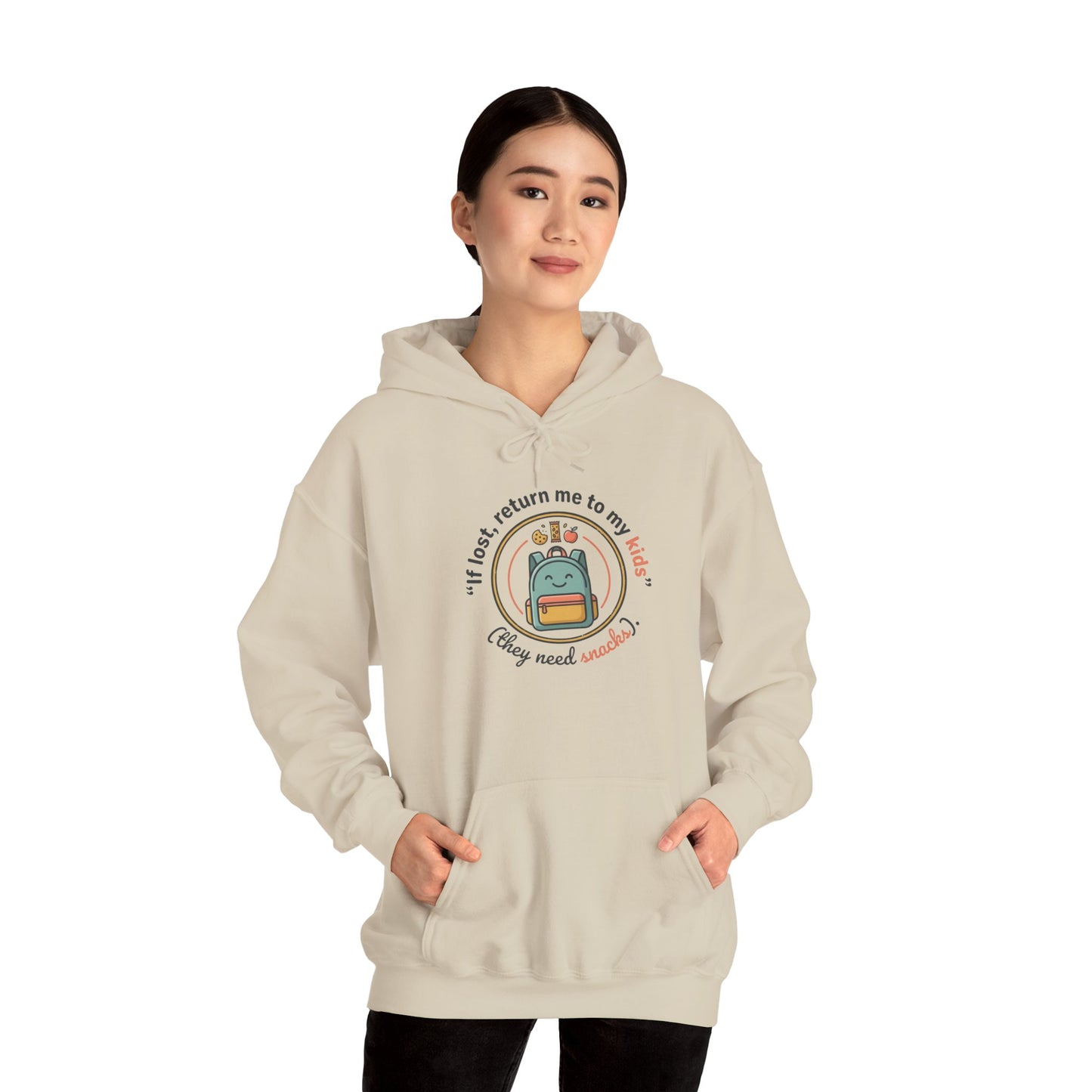Hoodie — "If Lost, Return Me to My Kids (They need snacks)" Cute Kawaii Backpack Graphic