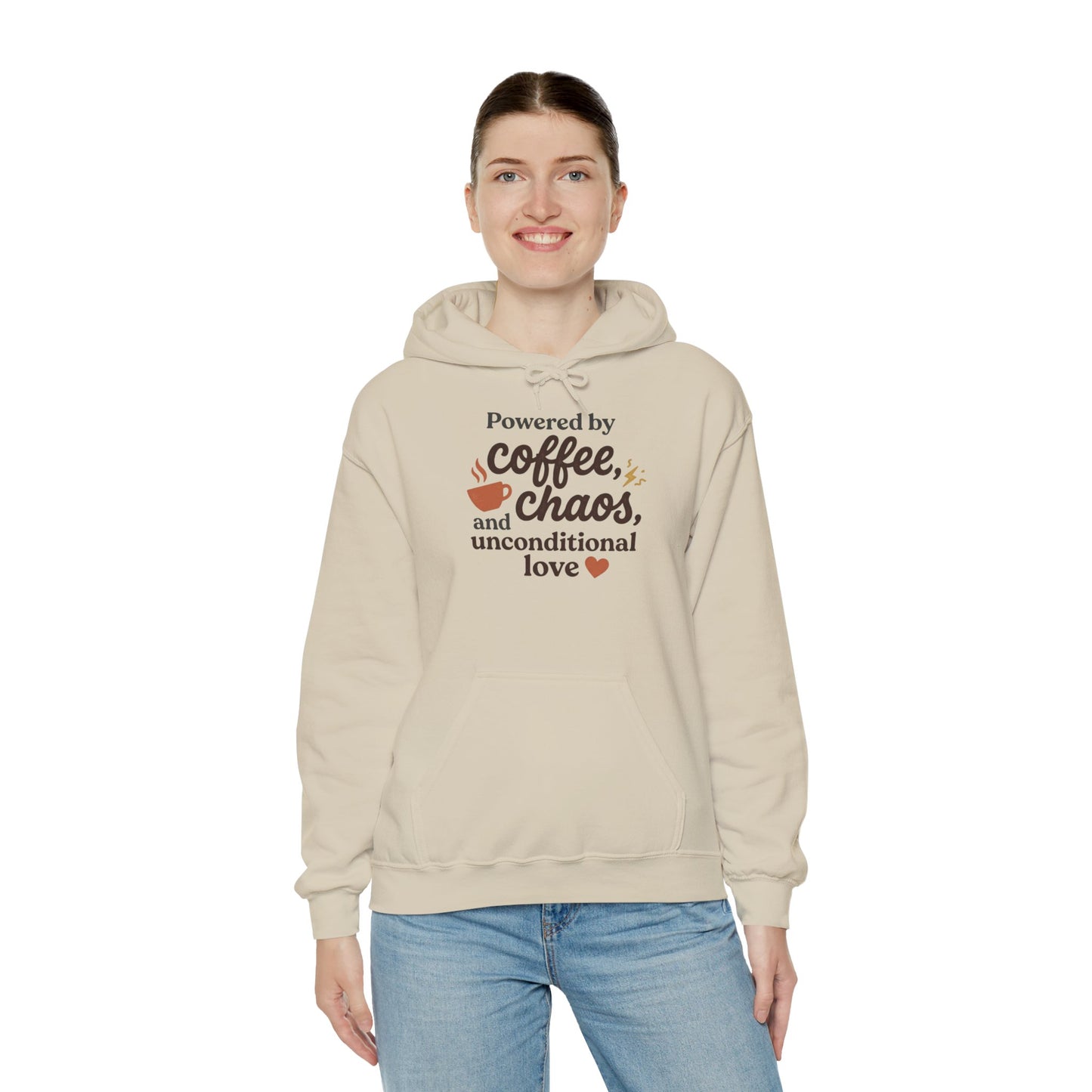 Hoodie — "Powered by Coffee, Chaos, and Unconditional Love" Cozy Graphic Pullover