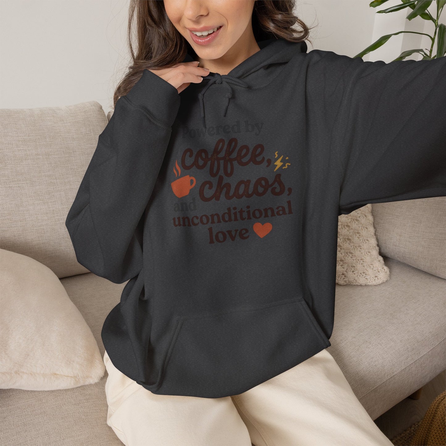 Hoodie — "Powered by Coffee, Chaos, and Unconditional Love" Cozy Graphic Pullover