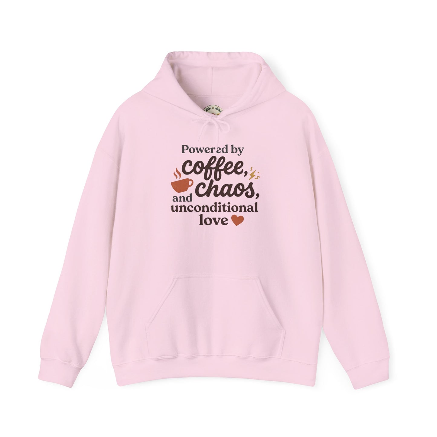 Hoodie — "Powered by Coffee, Chaos, and Unconditional Love" Cozy Graphic Pullover