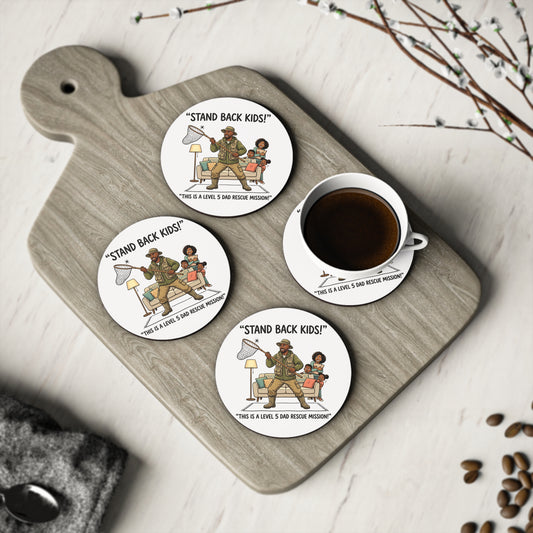 Coaster — "Stand Back Kids! This is a Level 5 Dad Rescue Mission" Funny Dad Cartoon Drink Coaster