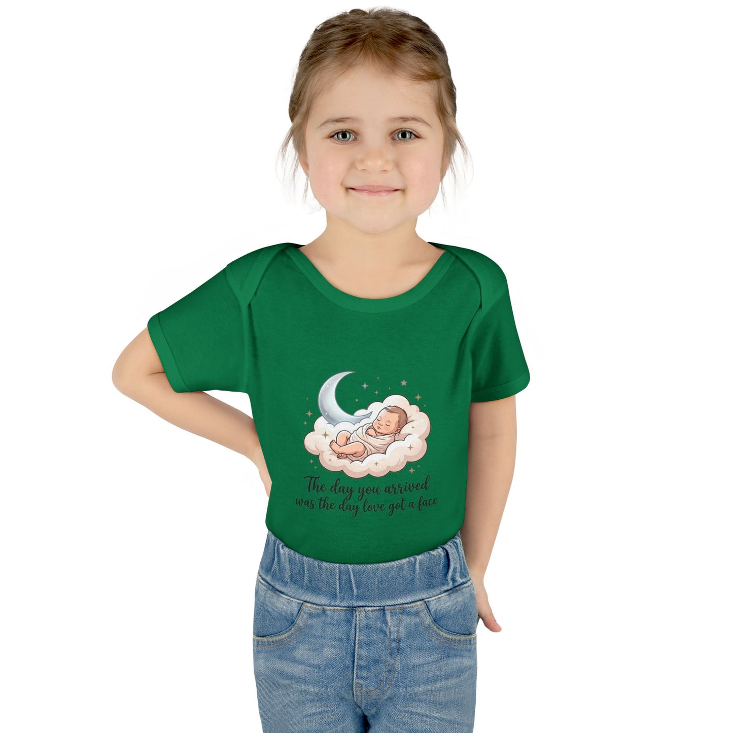 Infant Bodysuit — "The day you arrived was the day love got a face" Cute Sleeping Baby Moon Design