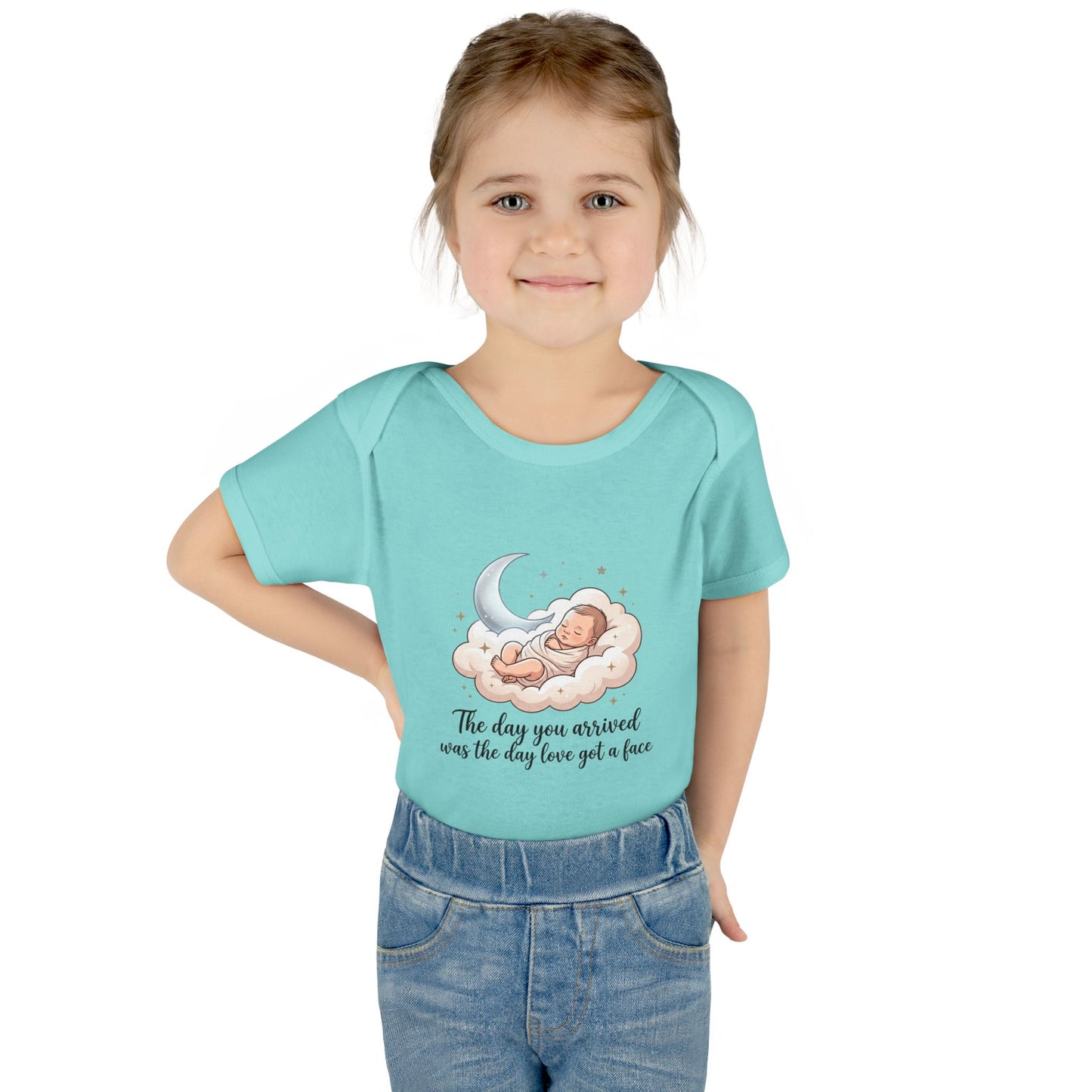 Infant Bodysuit — "The day you arrived was the day love got a face" Cute Sleeping Baby Moon Design