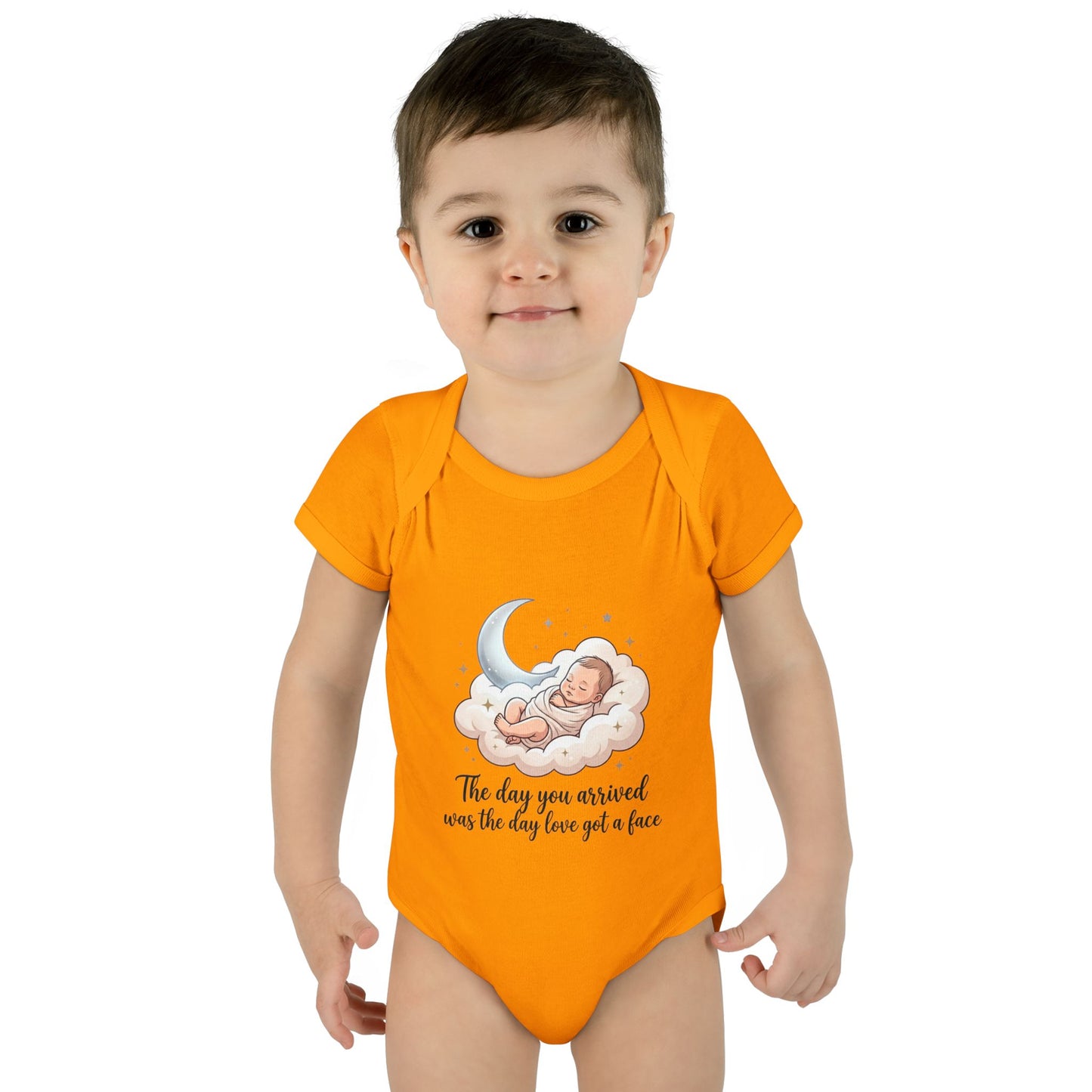 Infant Bodysuit — "The day you arrived was the day love got a face" Cute Sleeping Baby Moon Design