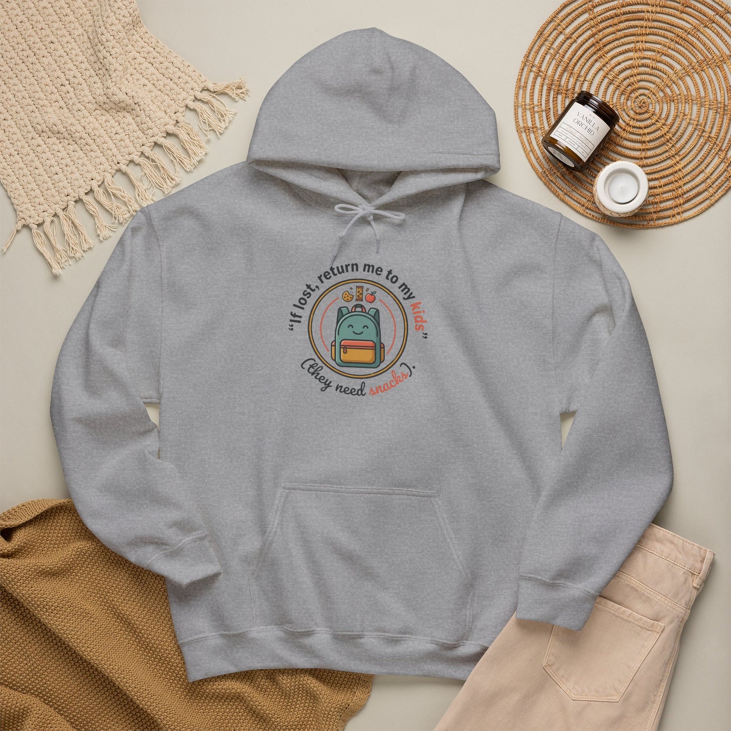 Hoodie — "If Lost, Return Me to My Kids (They need snacks)" Cute Kawaii Backpack Graphic