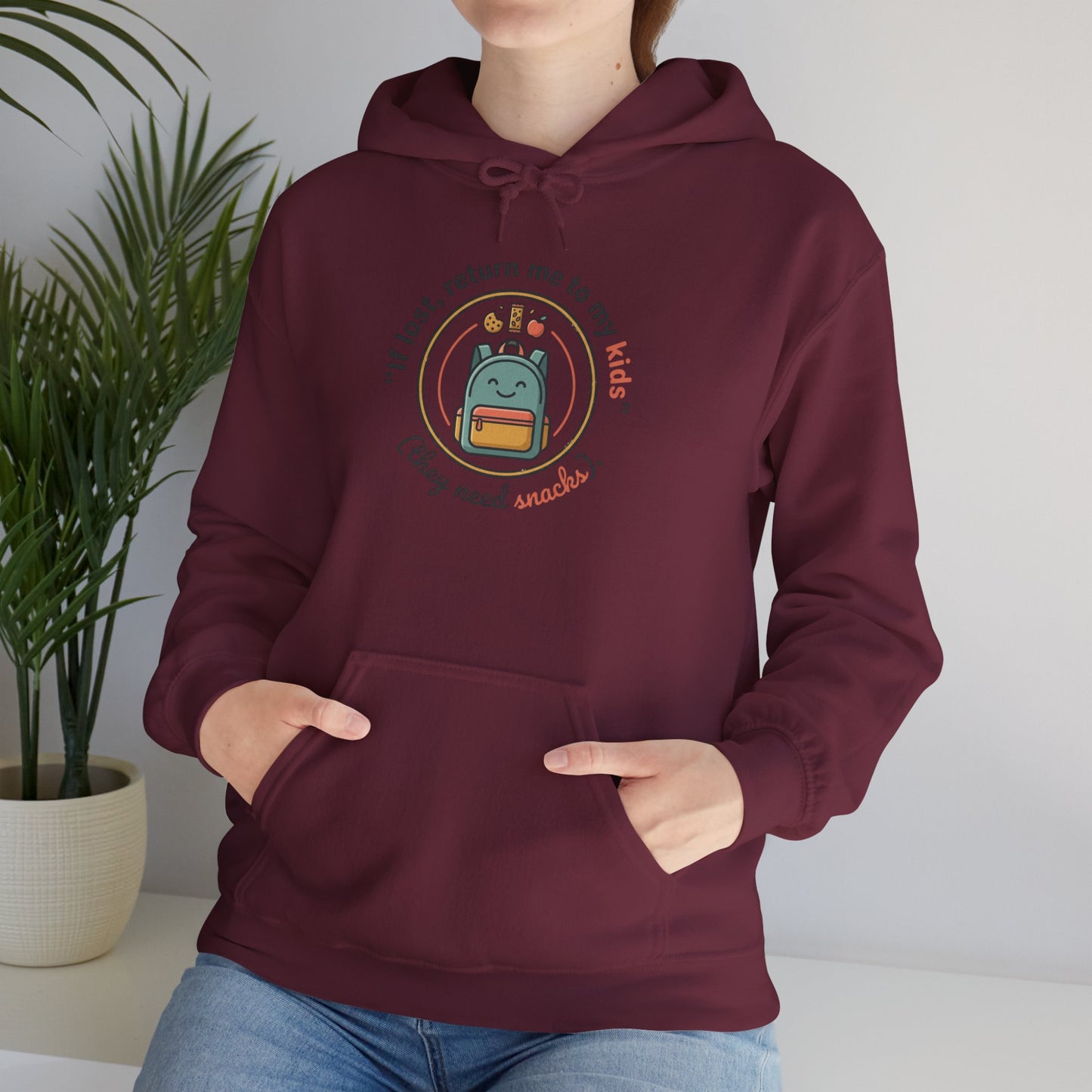 Hoodie — "If Lost, Return Me to My Kids (They need snacks)" Cute Kawaii Backpack Graphic