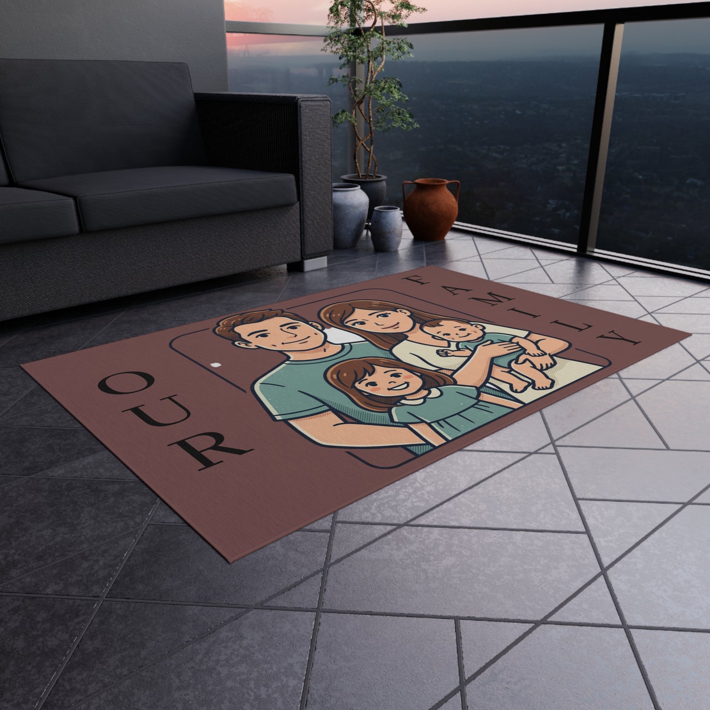 Personalized Family In/Outdoor Rug - 'Our Family' Illustrated Portrait Doormat