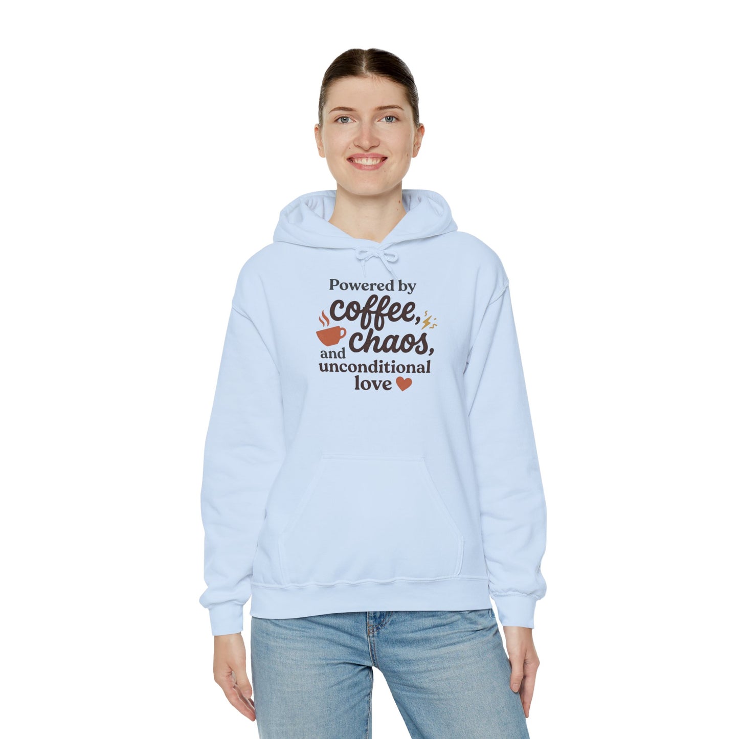 Hoodie — "Powered by Coffee, Chaos, and Unconditional Love" Cozy Graphic Pullover