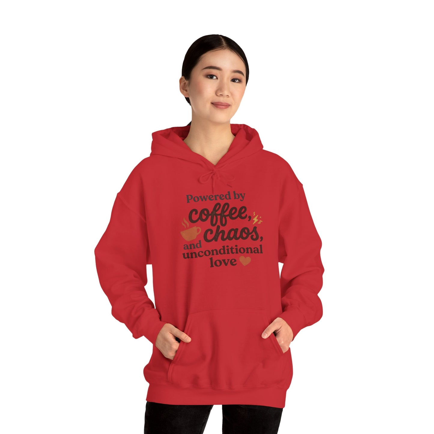 Hoodie — "Powered by Coffee, Chaos, and Unconditional Love" Cozy Graphic Pullover