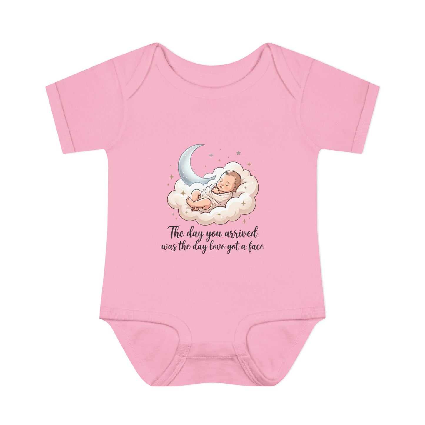 Infant Bodysuit — "The day you arrived was the day love got a face" Cute Sleeping Baby Moon Design