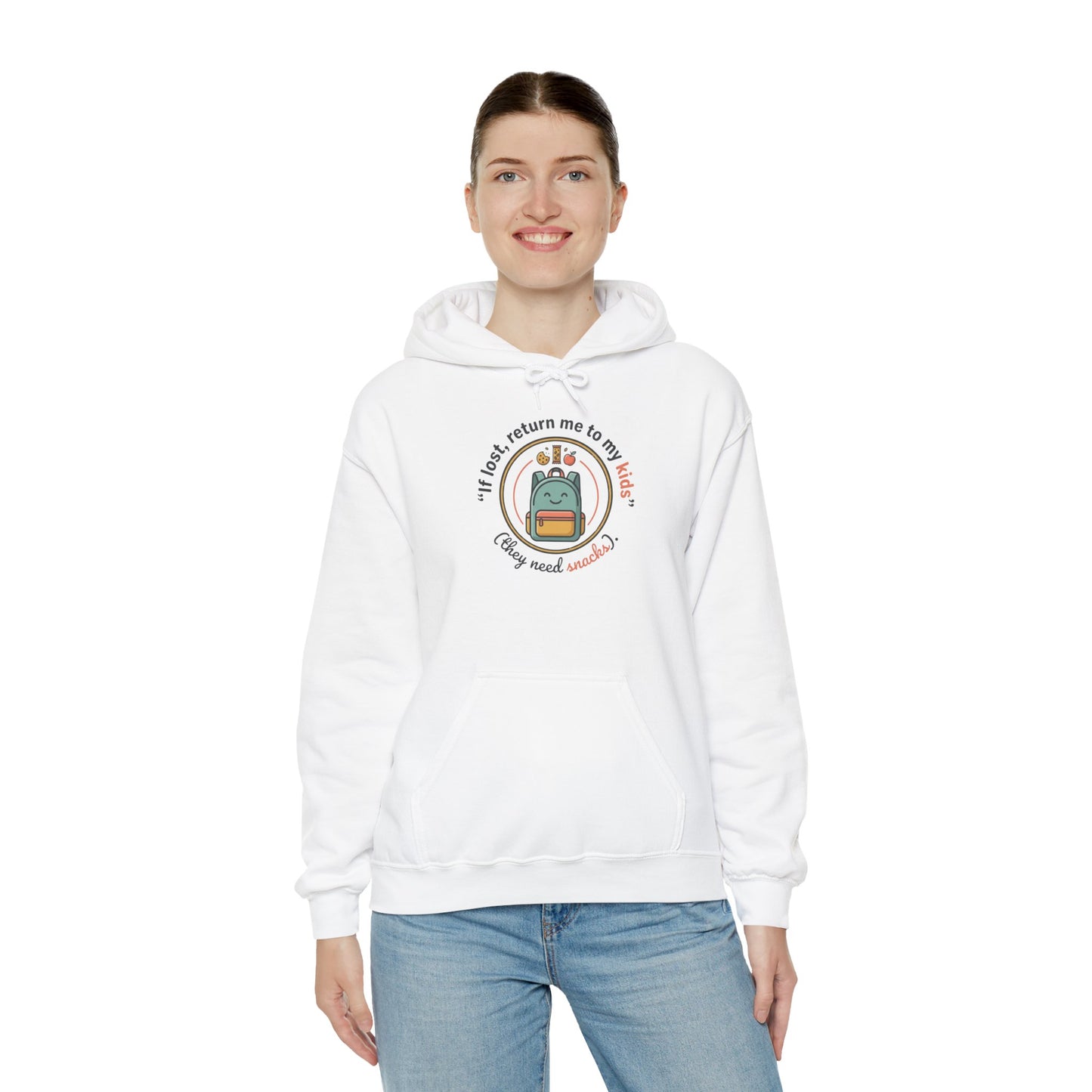 Hoodie — "If Lost, Return Me to My Kids (They need snacks)" Cute Kawaii Backpack Graphic