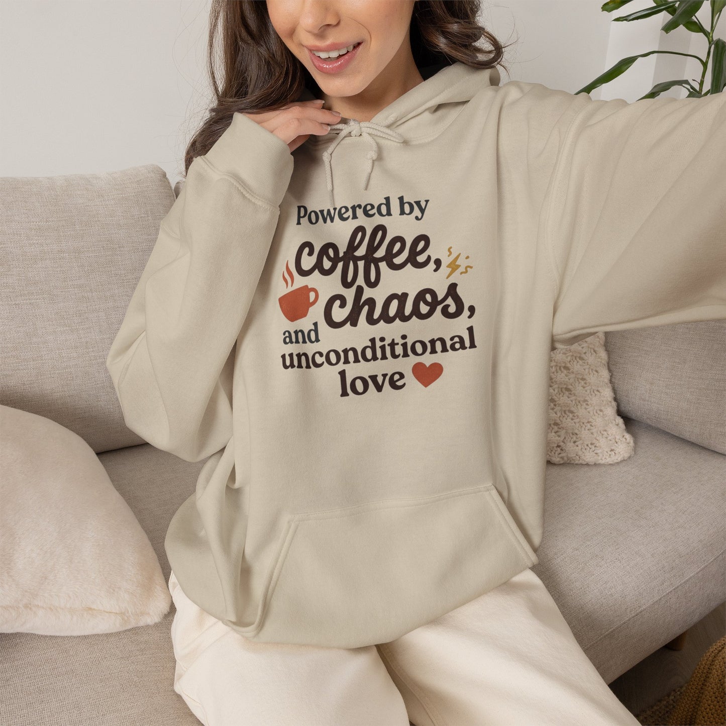 Hoodie — "Powered by Coffee, Chaos, and Unconditional Love" Cozy Graphic Pullover