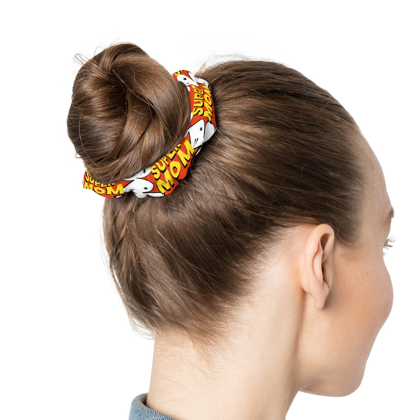 Comic Pop 'Super Mom' Scrunchie – Retro Red & Yellow Hair Accessory