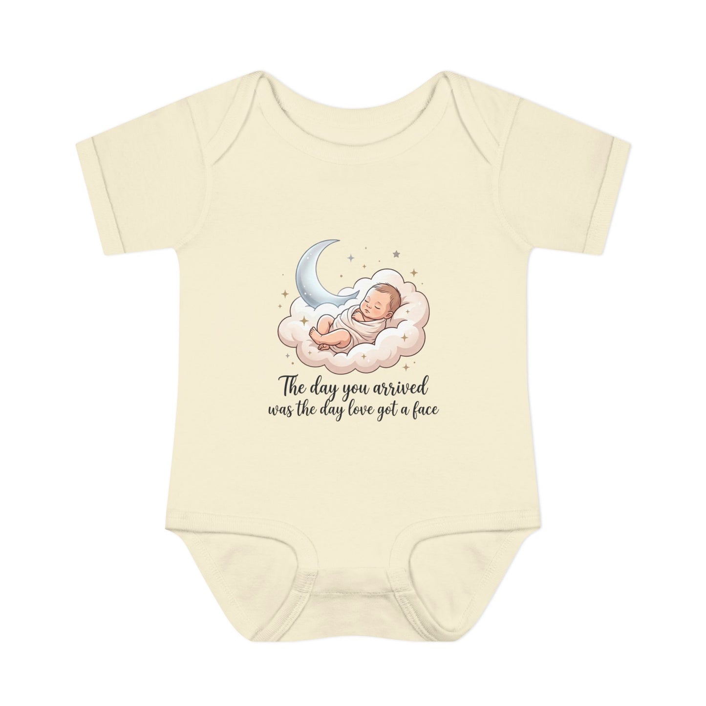 Infant Bodysuit — "The day you arrived was the day love got a face" Cute Sleeping Baby Moon Design